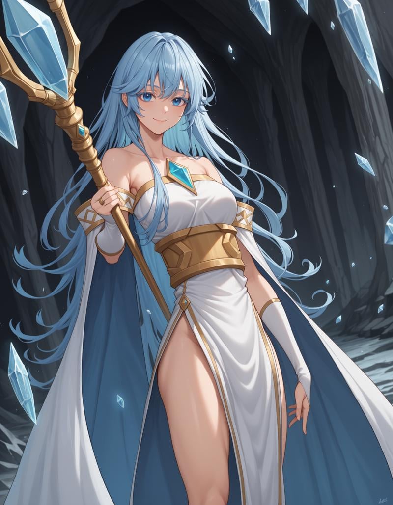 score_9, score_8_up, score_7_up, score_6_up, score_5_up, score_4_up, masterpiece, best quality, very aesthetic, absurdresBREAKelfaria_olis, 1girl, solo, light blue hair, long hair, colored eyelashes, blue eyes, chest jewel, off-shoulder dress, yellow sash, side cape, bridal gauntlets, pelvic curtain, cowboy shot, looking at viewer, smile, closed mouth, cryokinesis, casting spell, mage staff, holding staffBREAKice, ice crystal, ice shard, ice flower, aura, magic, cave, dark<lora:elfaria_Wistoria_ponyxl_v1_char:1>