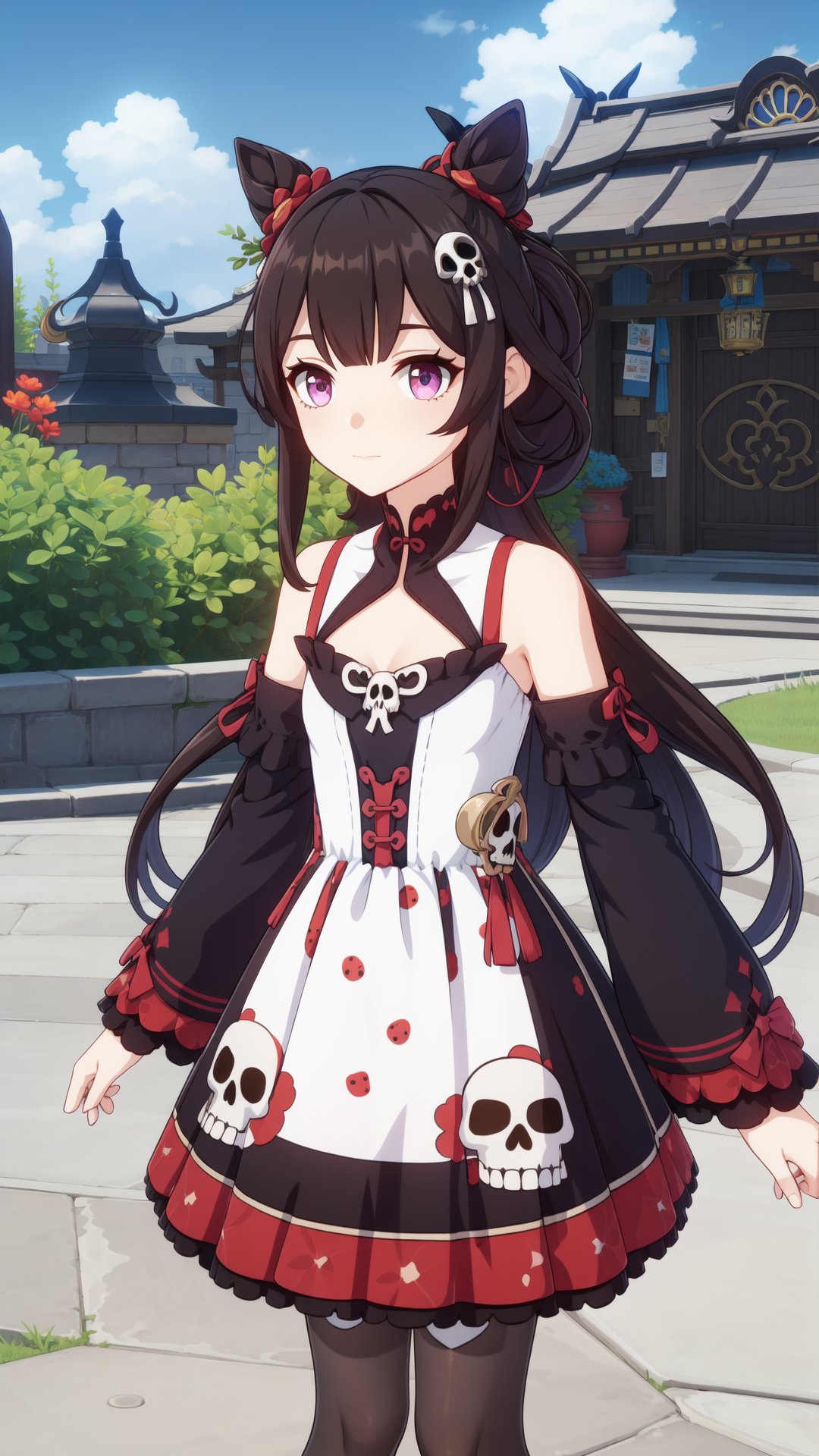 Frilled, lace, ribbons, straps, ruffles, (Dark brown dress:1.2), masterpiece, best quality, Small chest, midi dress, purple red eye, gradien eyes, hairbun, hair skull ornament, long wavy hair, brown pantyhose, Messy wide hair, (Polka dot print on dress:1.3), Disposed, <lora:yutamix-extra-genshin:0.6>, yutamix-extra-genshin