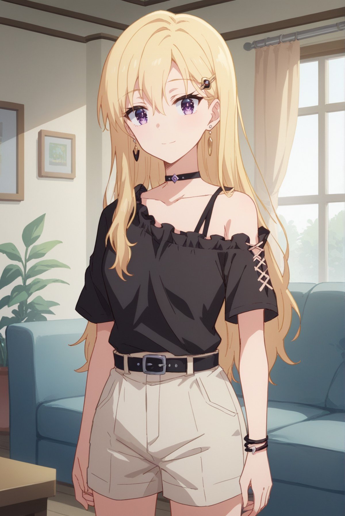 score_9, score_8_up, score_7_up, score_6_up, score_5_up, score_4_up, BREAK source_anime, 1girl, solo,<lora:AyaseSakiXL-v1-07:0.7>, ChopioAyase, long hair, blonde hair, shiny hair, hair between eyes, purple eyes, highly detailed eyes, hair clip, looking at viewer,earrings, bracelet, straight hair,outfit_1, black choker, (single bare shoulder:1.1), shoulder strap, black shirt, frilled shirt, short sleeves, black belt, beige shorts,living room, standing, light smile,