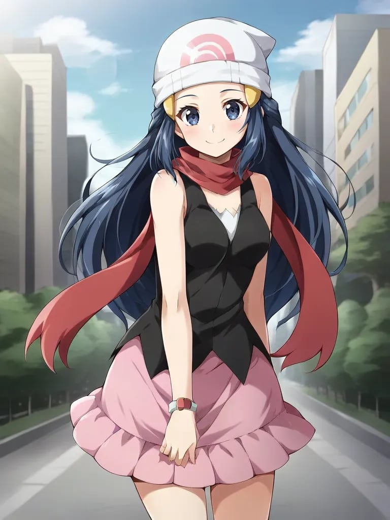 <lora:DPDawnHikariTsukishiroV3:0.7>1girl, solo, hidawnkari, blue hair, long hair, blue eyes, white headwear, beanie, hair ornament, hairclip, black shirt, sleeveless, red scarf, pink skirt, miniskirt, outdoors, city, trees, smile