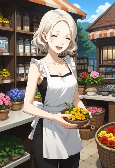 score_9,score_8_up,score_7_up,score_6_up,score_5_up,score_4_up, BREAK, 1girl, solo, (looking at viewer), scenery, outdoors, cleavage, florist, Apron, blouse, comfortable pants, flower shop, closed eyes, smile, open mouth, 