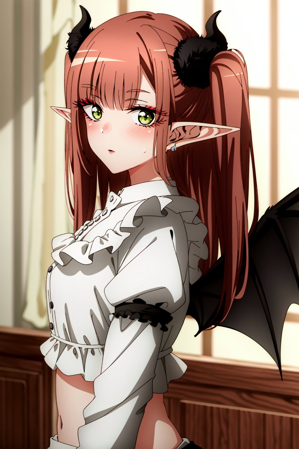 (anime coloring),(masterpiece),(best quality),(ultra-detailed),(best illustration),(best shadow),(absurdres),(detailed background), <lora:OGT_Marin_Kitagawa-v3:0.9> Marin Kitagawa, liz-kyun, 1girl, wings, pointy ears, black nails, cosplay, horns, green eyes, (red hair), solo, navel, bangs, demon wings, long hair, blush, looking at viewer, frills, long sleeves, upper body, demon horns, blunt bangs, demon girl, blurry, midriff, two side up, nail polish, bat wings, sweatdrop, frilled shirt, upper body