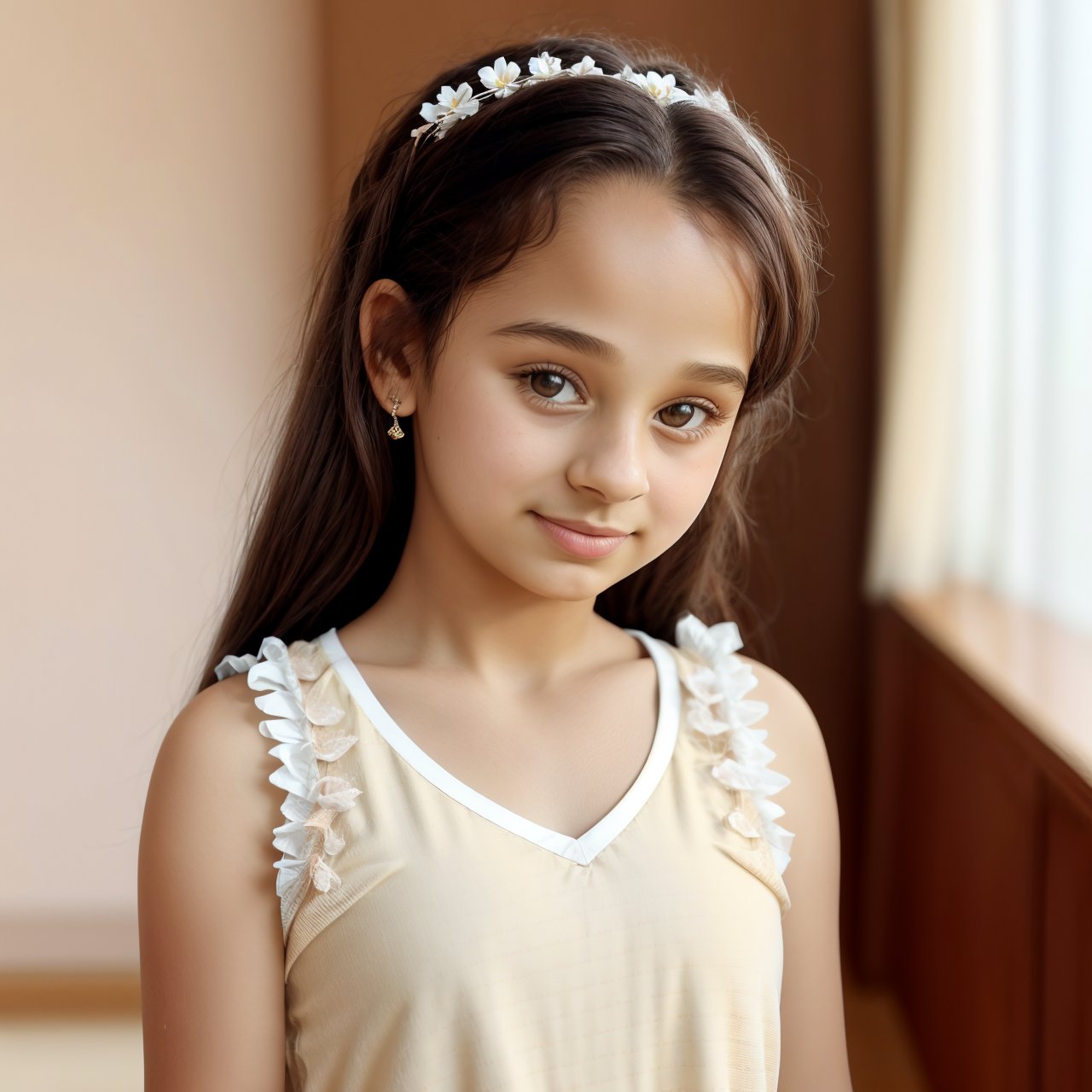 SFW, HD quality, HD, HQ, 4K, view from below, portrait of adorable (AIDA_LoRA_SabiC:1.17) <lora:AIDA_LoRA_SabiC:0.98> posing for a picture on beige background, beige wall with pattern on the background, beige room, young teen girl, white shirt, flower in her hair, parted lips, cinematic, dramatic, composition, studio photo, kkw-ph1, hdr, f1.8