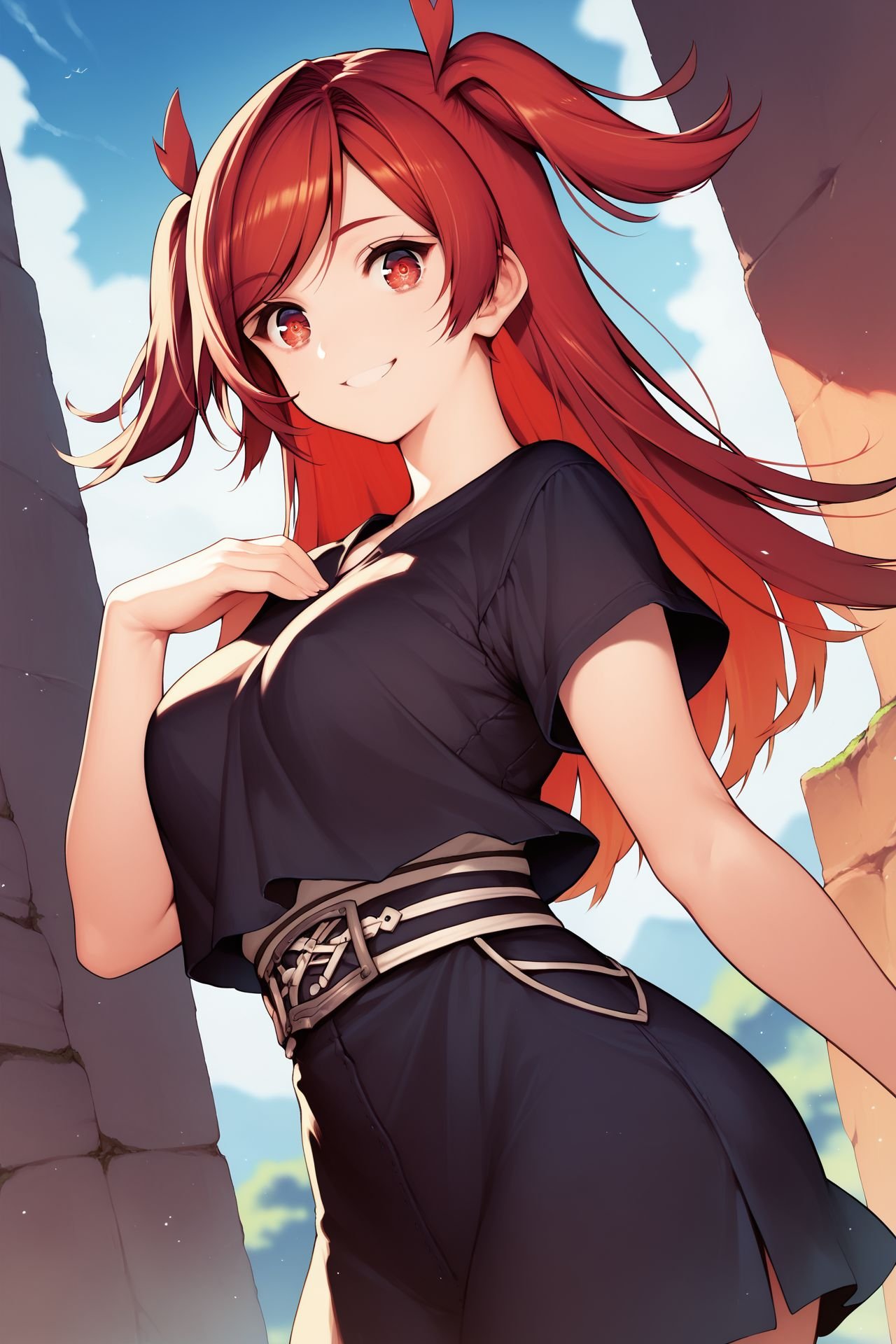 score_9, score_8_up, score_7_up, 1girl, looking at viewer, standing, kind smile, red hair, swept bangs, two side up, detailed eyes, breasts, black clothes, no light, outdoors, wide angle <lora:necomi_PonyXL_style_v02:1>