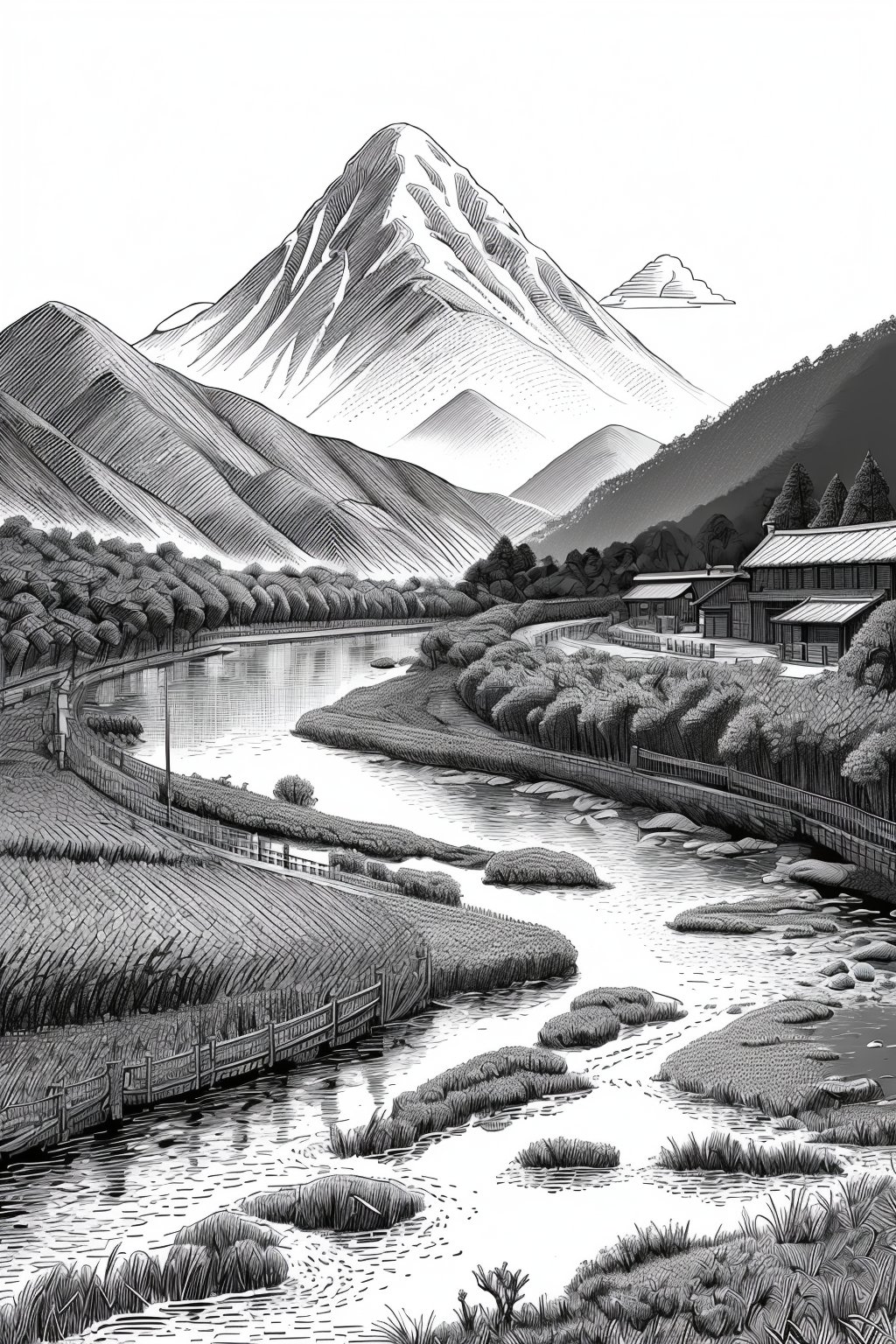 Needle drawing,mountains and rivers,greyscale,monochrome,solo,white background,simple background,masterpiece,best,<lora:LB_Needle_v1.0:0.8>,