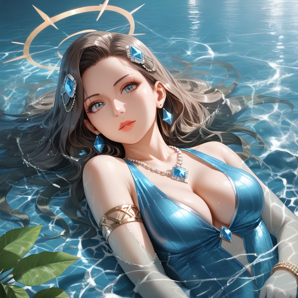 (,1girl, ,best quality, ),,masterpiece, ((((1girl, solo, , ,solo focus, lying on water, )))) (cleavage),,  (), ,ultra realistic 8k cg,   clean, masterpiece,     (( , )),,  , unreal, science fiction, luxury, jewelry, diamond, gold, pearl, gem, sapphire, ruby, emerald, intricate detail, delicate pattern, charming, alluring, seductive, erotic, enchanting, hair ornament, necklace, earrings, bracelet, armlet,halo,(cleavage),, , (),