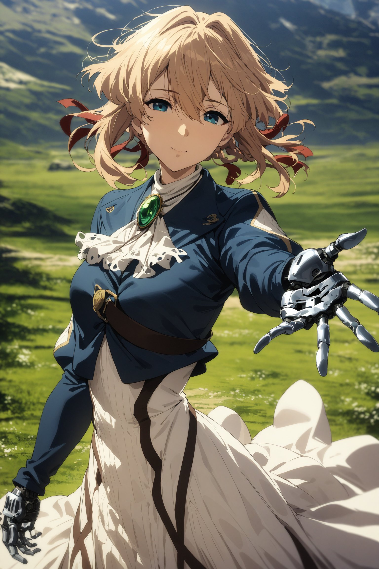 masterpiece, best quality, very aesthetic, absurdres, aave, braid, hair ribbon, red ribbon, jewelry, white ascot, brooch, blue jacket, long sleeves, mechanical hands, white dress, long dress, <lora:violet_evergarden_XL_v1(anima):0.9>, , reaching out, outstretched arm, wind, smile, standing, cowboy shot, outdoors, looking at viewer, 