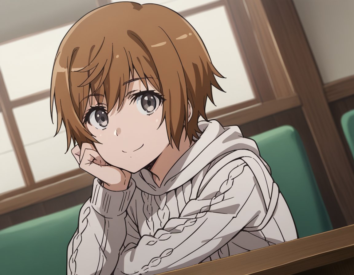 score_9, score_8_up, score_7_up, source_anime, <lora:saiai-kinuhata-s3-ponyxl-lora-nochekaiser:1>, saiai kinuhata, short hair, brown hair, grey eyes,, hood, sweater, hoodie,, indoors, smile, looking at viewer, solo, sitting, head rest, table,, cowboy shot, dutch angle