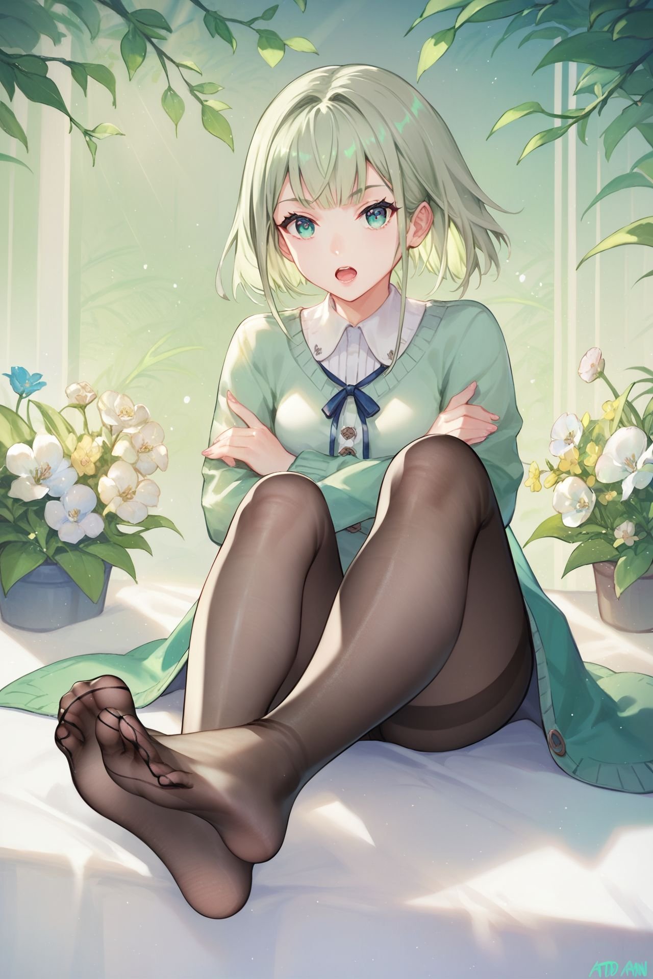 score_9, score_8_up, score_7_up, 1girl, sitting, looking at viewer, soles, pantyhose, foot focus, foreshortening, x arms, open mouth, light green hair, round fringe, teal eyes, small breasts, light green pullover, god rays, Gladiolus \(flower\) background, <lora:atdan_PonyXL_style_v01:1>