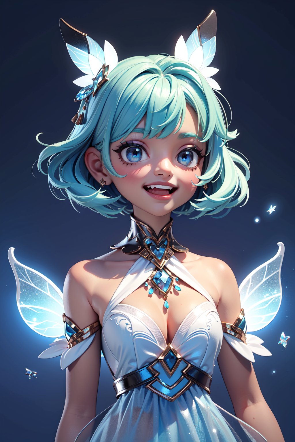 ((upper body portrait, An African black girl is happy and laughing:1.2)) ((pure blue background)),A delicate figure appears ethereal,with translucent wings and a gown reminiscent of frost. Her attire is a blend of innocence and otherworldliness,suggesting she may be a sprite or fairy from a winter realm,radiating a serene presence.,, masterpiece,best quality,very aesthetic,absurdres,