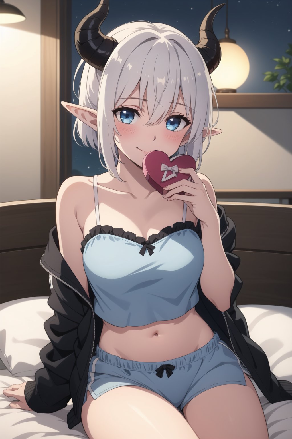 masterpiece,best quality,extreme detail,8k,face detailed,  <lora:Mialygosa-10:0.6>  Mialygosa, looking at viewer, blush, smile, short hair, blue eyes, shirt, navel, hair between eyes, medium breasts, closed mouth,  collarbone, ponytail, white hair, thighs, horns, pointy ears, midriff, blue shirt, demon horns, double pigtail,  night, sparkling eyes,  1girl blush breastscamisole covering_own_mouth heart heart-shaped_pillow jacket looking_at_viewer on_bed pillow white_camisole seiza sitting sleepwear solo valentine