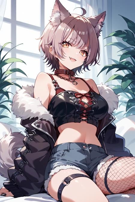 score_9, score_8_up, score_7_up, score_6_up, 1girl, <lora:Weronika:0.9> weronika, solo, animal ears, shorts, breasts, virtual youtuber, fur trim, tail, collar, fishnets, short hair, looking at viewer, wolf ears