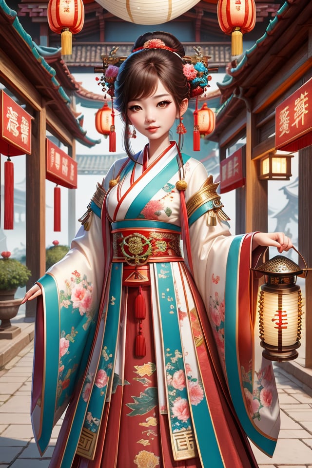 asian woman in traditional dress holding a lantern with lights in the background, digital art inspired by Du Qiong, cg society contest winner, fantasy art, chinese girl, [ 4 k digital art ], lantern light