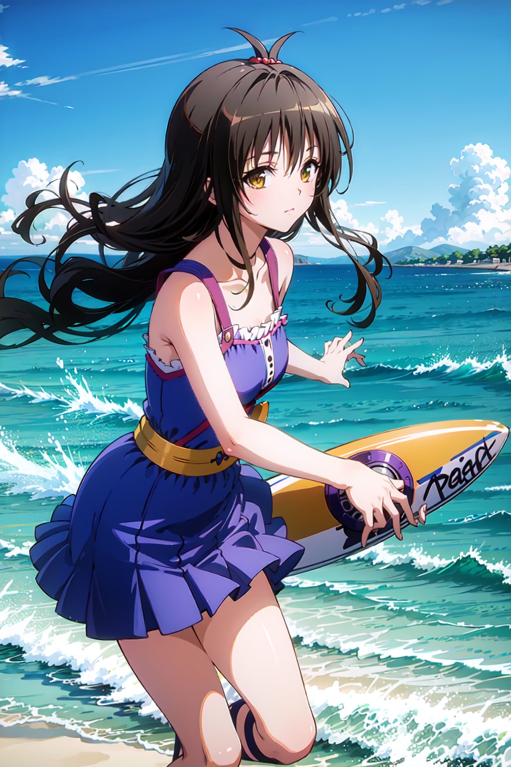 masterpiece, best quality,  yuuki mikan, 1girl, dress, hair bobbles, beach, surfing, waves, (sunny day:1.1), sandy shore, ocean, freedom, (action:1.2),  <lora:toloveall_V2-000006:0.8>