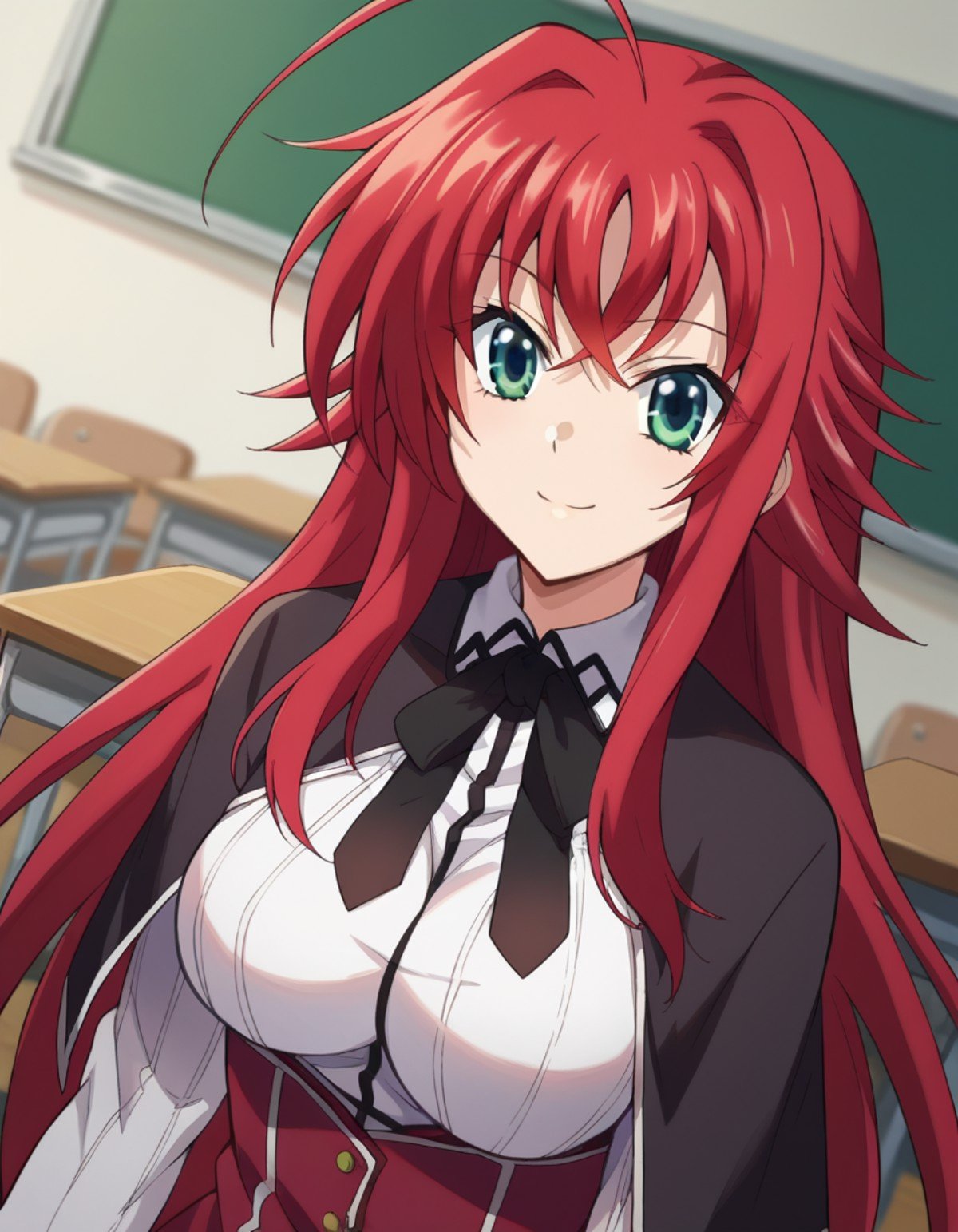 score_9, score_8_up, score_7_up, source_anime,riasgremory, <lora:rias-gremory-ponyxl-lora-nochekaiser:1>,rias gremory, huge ahoge, long hair, hair between eyes, green eyes, red hair, smile,shirt, ribbon, school uniform, white shirt, black ribbon, neck ribbon, capelet, black capelet, long sleeves, skirt, red skirt,indoors, classroom,looking at viewer, dutch angle, cowboy shot,