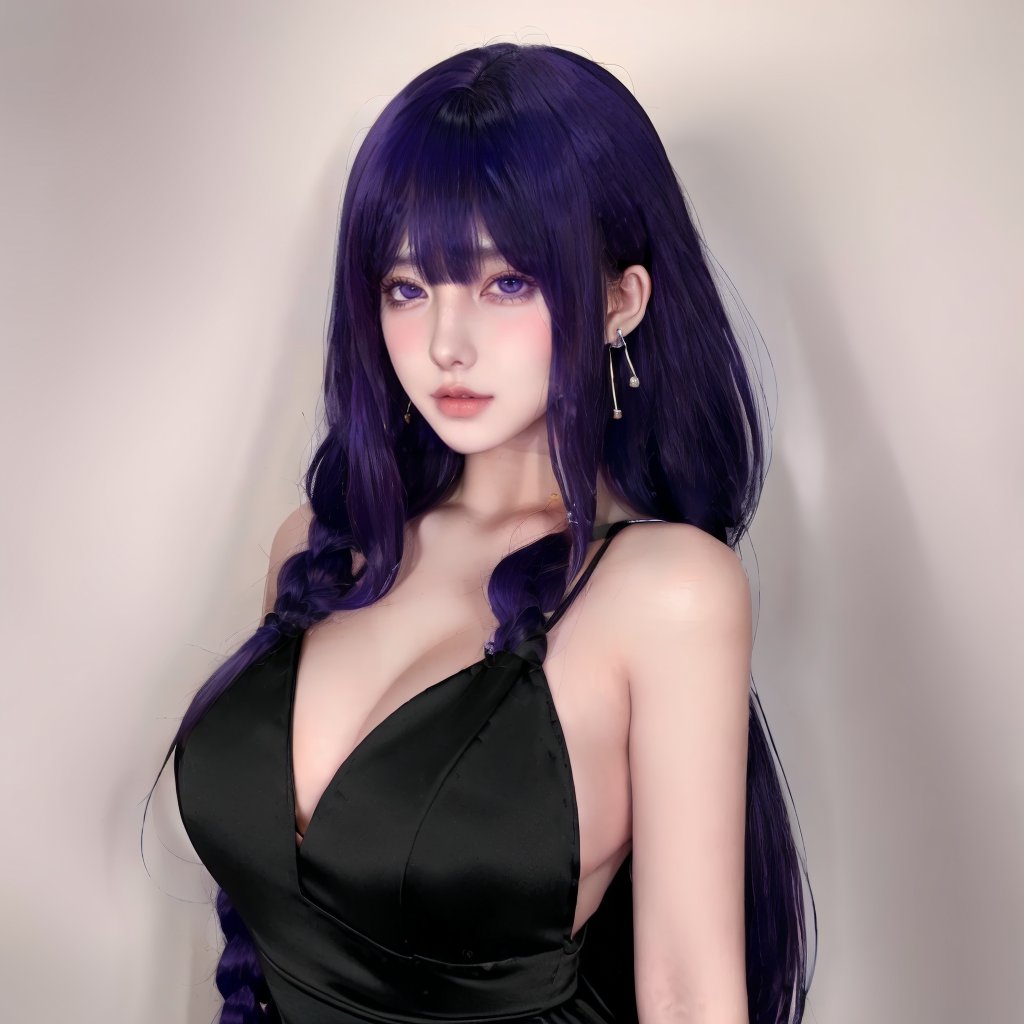 1girl,earrings,jewelry,long_hair,solo,dress,braid,purple_hair,side_slit,bangs,purple_eyes,breasts,black_dress,<lora:cos圣体:0.8>,