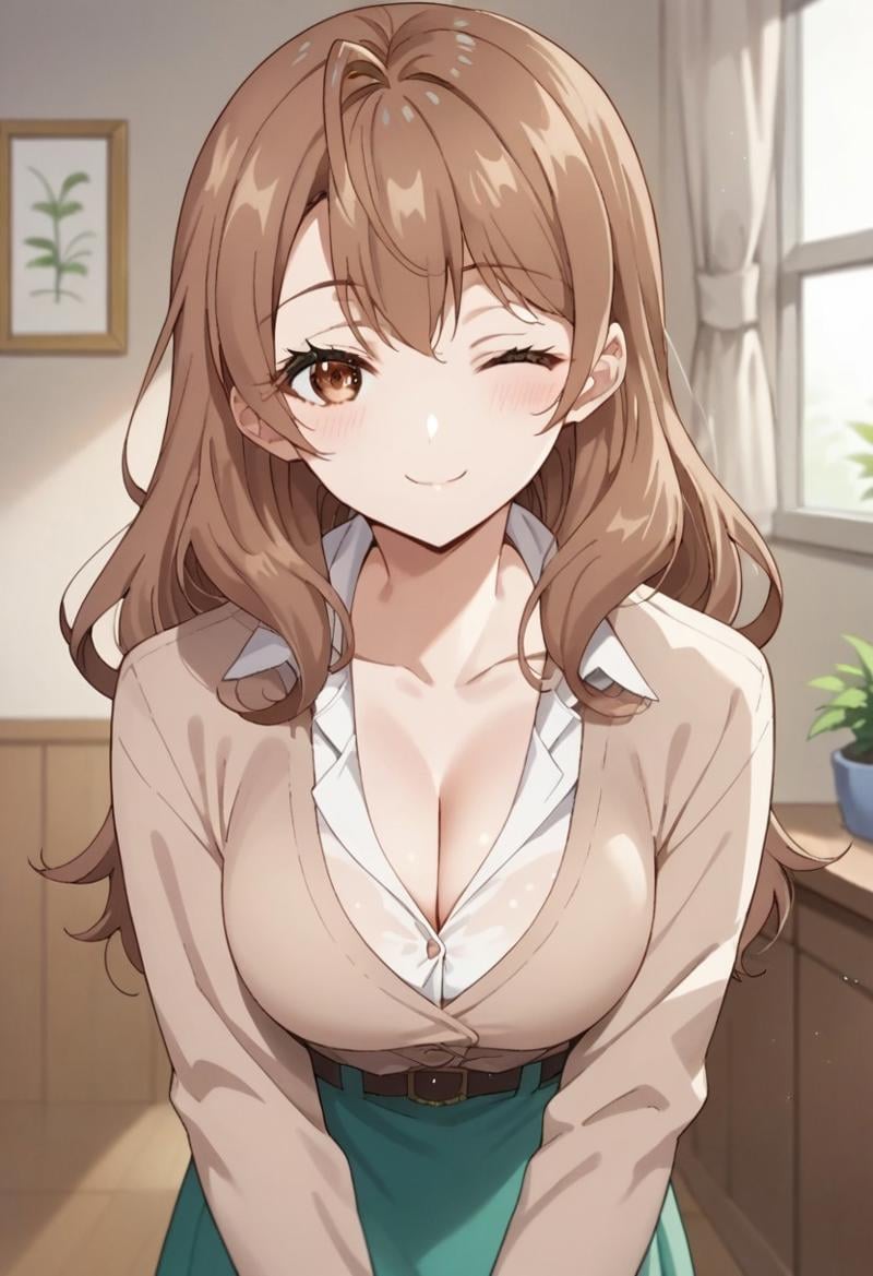 score_9, score_8_up, score_7_up, source_anime,maria mikhailovna kujou, brown hair, long hair, brown eyes, 1girl, one eye closed, cleavage, solo, smile, skirt, looking at viewer, blush, collarbone, ;), indoors