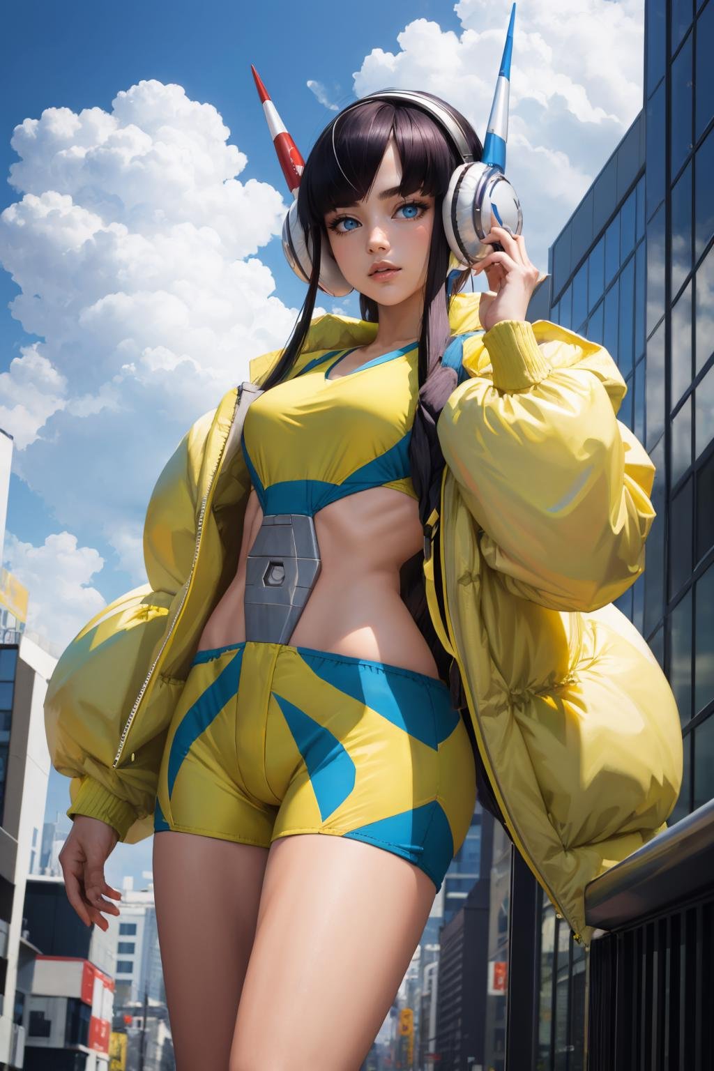 masterpiece, best quality, <lora:elesa-nvwls-v1-000010:0.9> bw2elesa, black hair, streaked hair, long sidelocks, hair ornaments, headphones, yellow jacket, puffy jacket, yellow crop top, yellow and blue shorts, from below, looking at viewer, sky, clouds, cityscape