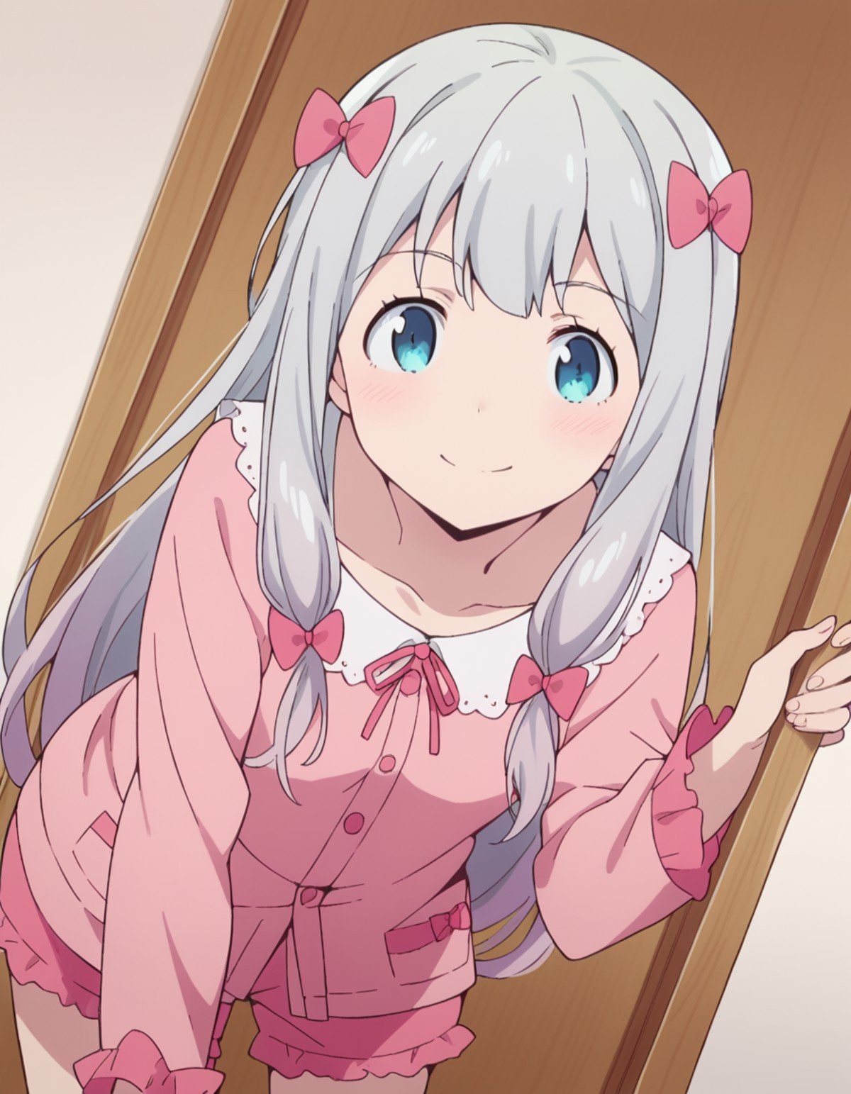 score_9, score_8_up, score_7_up, source_anime,sagiriizumi, <lora:sagiri-izumi-s1-ponyxl-lora-nochekaiser:1>,sagiri izumi, long hair, blue eyes, bow, hair bow, grey hair, pink bow,ribbon, shorts, pink shirt, pajamas, pink shorts,indoors, bent over, smile,solo, looking at viewer, cowboy shot, dutch angle,