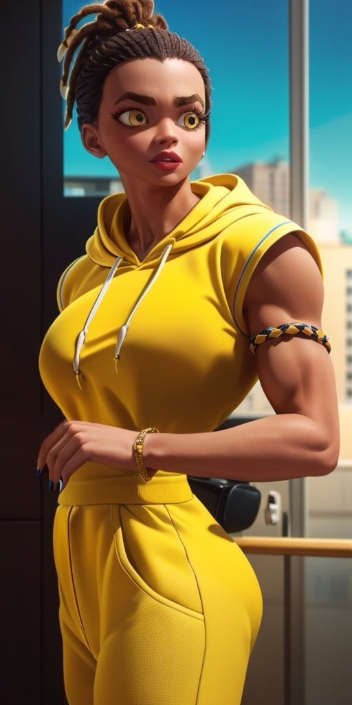 Hyperrealistic, photorealistic, super detailed, (((yellow hoodie))), yellow pants, orangeish black hair, hair is in dreadlocks in a high ponytail style, vivid amber eyes, left eyebrow has what appears to be a slit going through it, beauty mark underneath her right eye, body like in real life, large pores, muscular, brown-skinned, beautiful arms, fingernails are painted with black nail polish, medium breasts, unreal engine, octane render, droped shadow, bokeh, cinematic lighting, <lora:add_detail:0.5>, <lora:Volumetric_lighting:0.6>, , <lora:cc882da8-fed4-404f-a239-f3a7e96e7b73:0.7>