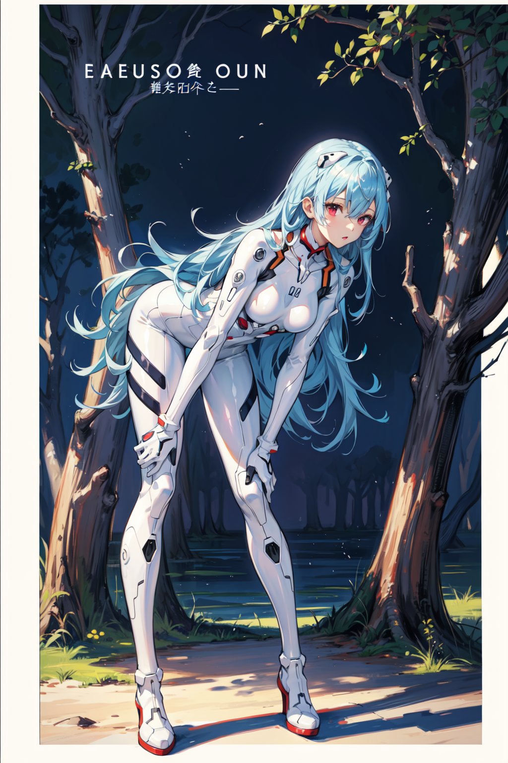 <lora:Rei-000011:0.6>,Rei CYQL,1girl,looking at viewer,solo,blue hair,red eyes,hair between eyes,medium breasts,(Rei 00,long hair,very long hair,hair between eyes,hair spread out,white bodysuit,plugsuit,interface headset,bodysuit,two-tone sleeves),(bored:1.2),beautiful face,beautiful eyes,glossy skin,shiny skin,(panorama,front view,bent over:1.2),arm support,Sequoias, Trees, Grove, Forest, Old, Serenity, Shadows, Nature,Daffodils, Poetry books, Dusk, Inspiration, Tranquility,beautiful detailed sky,beautiful detailed glow,(English text:1.3),(border:1.5),posing in front of a colorful and dynamic background,(masterpiece, best quality, beautiful and aesthetic:1.3),contrapposto,female focus,fine fabric emphasis,wallpaper,fashion,Lipstick,depth of field,intricate_detail,finely_detailed,fine_fabric_emphasis,(glossy),<lora:增强减少细节add_detail:0.3>,