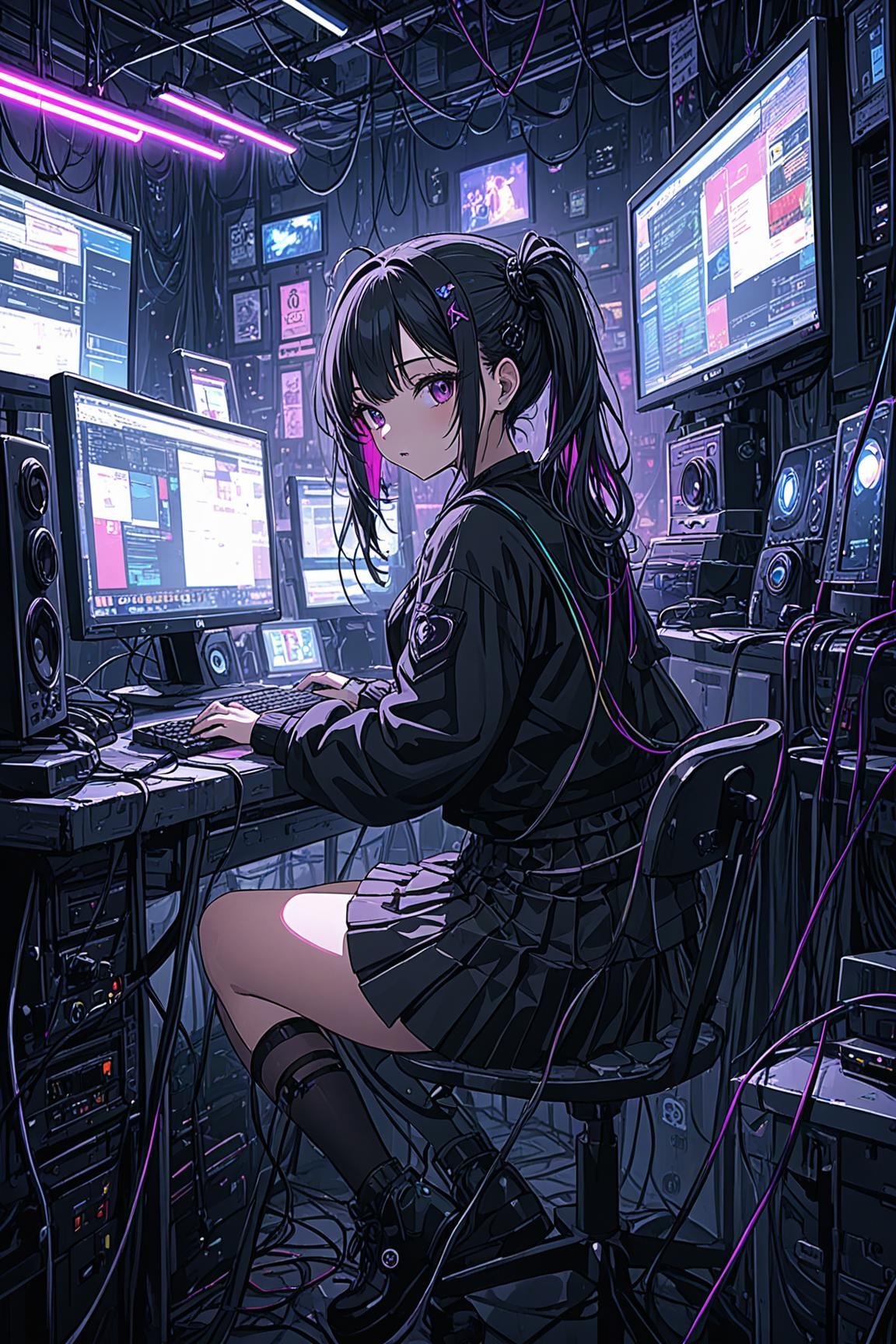 ultra-detailed,(best quality),((masterpiece)),(highres),original,extremely detailed 8K wallpaper,(an extremely delicate and beautiful),anime,\\,BREAKphoto of a cute goth girl,hacker,sit a desk,working at pc,skirt,clutter metro,night,neon lights,nerd outfit,cinematic,cyberpunk,clutter large room,cables,