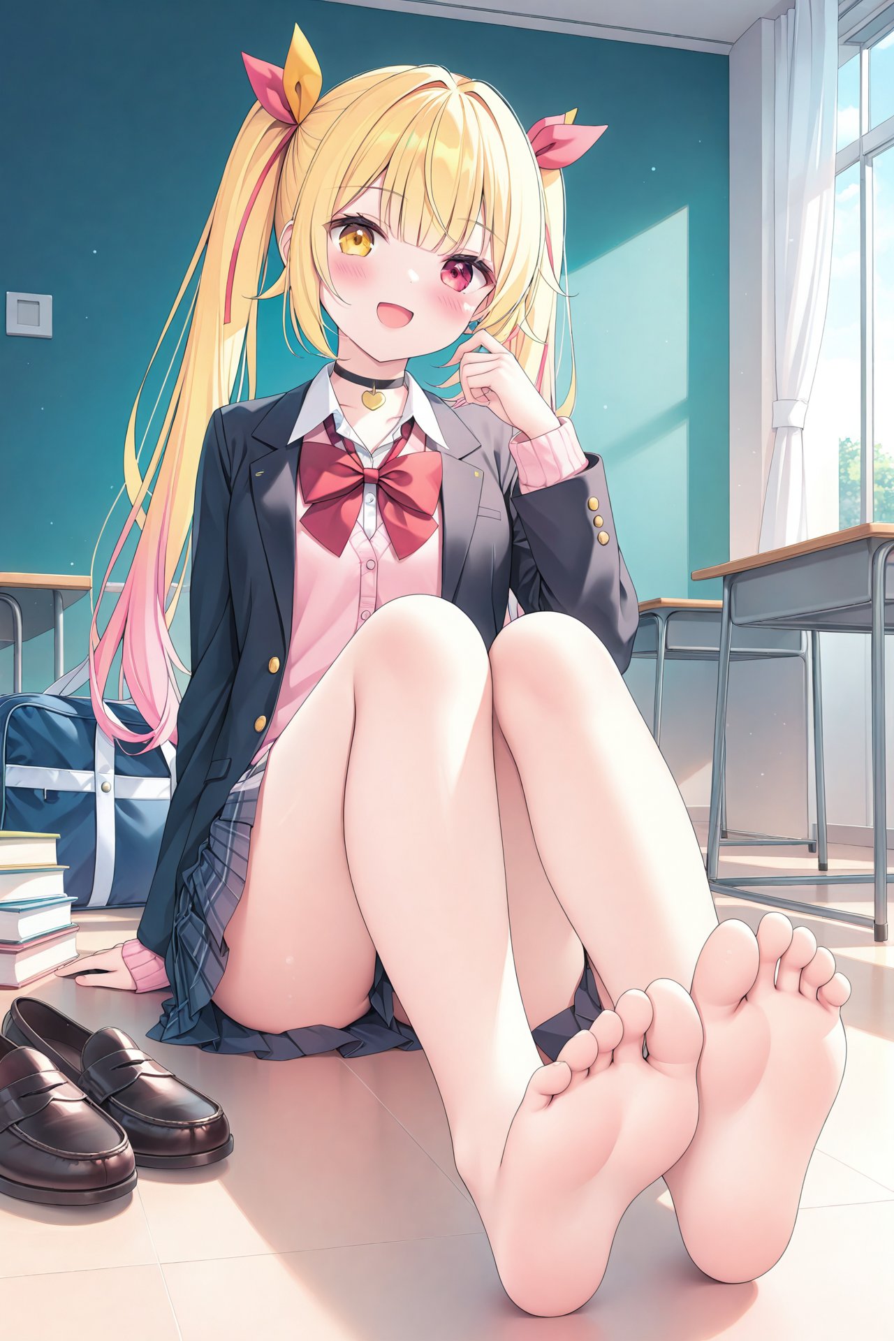 masterpiece,best quality,illustration,ultra detailed,hdr,Depth of field,(colorful),[Artist chen bin],1girl,hoshikawa sara,virtual youtuber,blonde hair,barefoot,toes,solo,feet,shoes,jacket,soles,sitting,school uniform,unworn shoes,skirt,twintails,heterochromia,foot focus,looking at viewer,bowtie,bow,choker,yellow eyes,ribbon,shirt,multicolored hair,smile,red bow,open mouth,hair ribbon,black choker,indoors,red bowtie,gradient hair,bare legs,legs,red eyes,long hair,collared shirt,pink hair,pink sweater,bag,long sleeves,black jacket,blazer,white shirt,hand up,red ribbon,pink cardigan,foreshortening,pleated skirt,blush,desk,school bag,