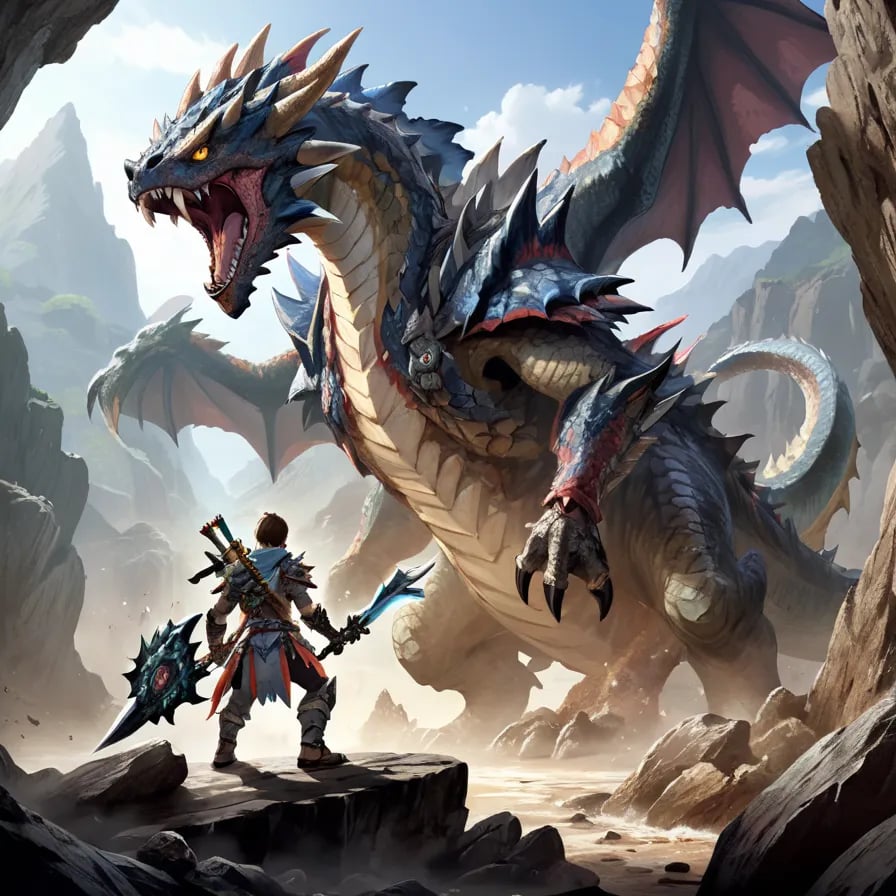 Illustration of a fierce and determined Monster Hunter wielding a colossal sword, wearing intricately designed armor adorned with trophies from defeated beasts, standing triumphantly on a rocky terrain with a menacing dragon looming in the background, capturing the adrenaline-filled fantasy world of Monster Hunter