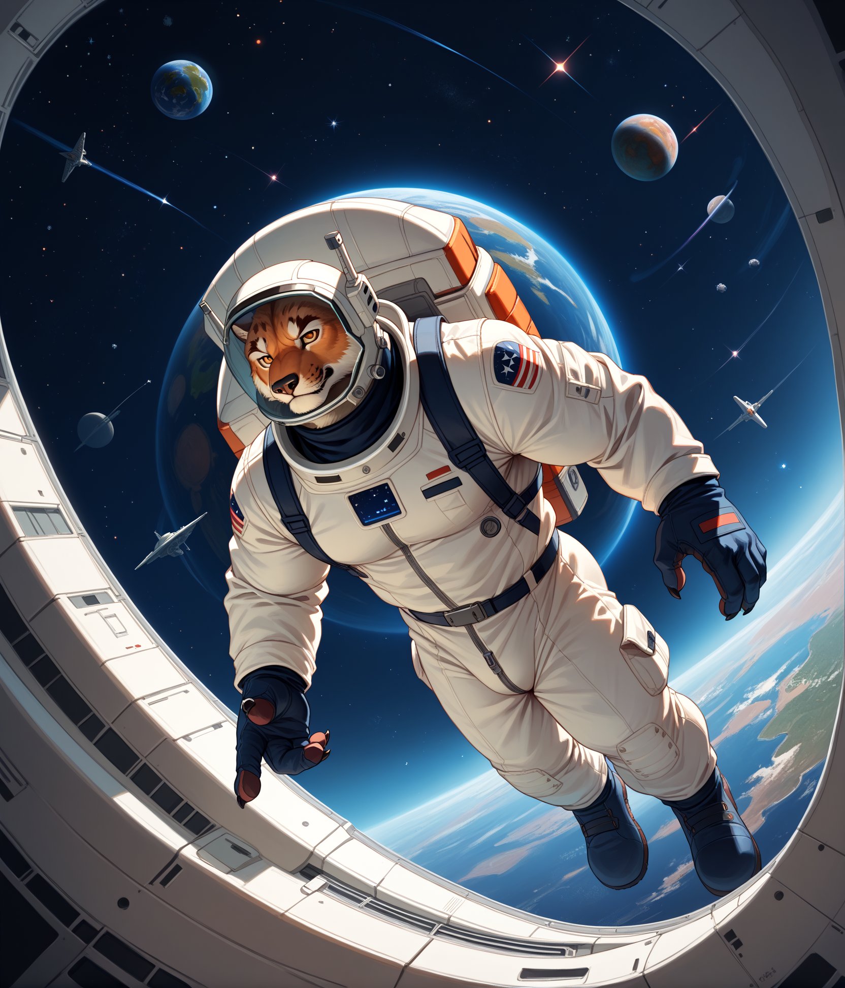 score_9,score_8_up,score_7_up,score_6_up,furry,kemono,high quality,tail,rating_explicit,embedding:zPDXL3 BREAK male furry,(bara),huge plump Chest Muscles,perfect anatomy,(astronaut, space suit),space,starry sky,floating in space,stars,planet,earth,space station,Claw,realistic film,exquisite details,meticulous details,8k