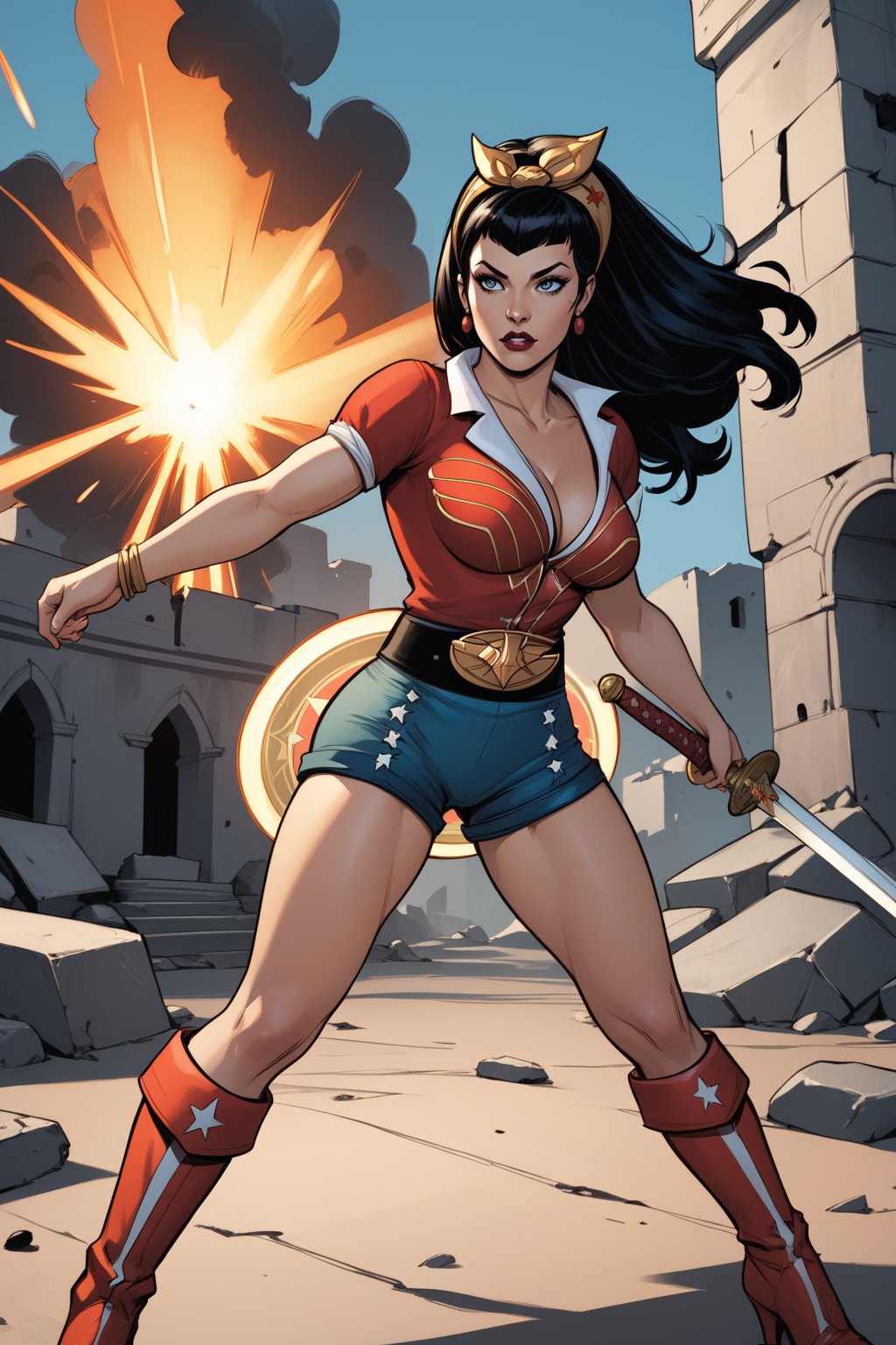 score_9, score_8_up, score_7_up, masterpiece, high quality, BREAK <lora:Bombshell Wonder WomanPonyLoRA:0.9>bmbshllwndrwmn, long hair, hairband, cleavage, blouse, earrings, belt, belt buckle, shorts, knee boots, rope on belt, fighting stance, battle, ruins, explosion, holding sword, shield