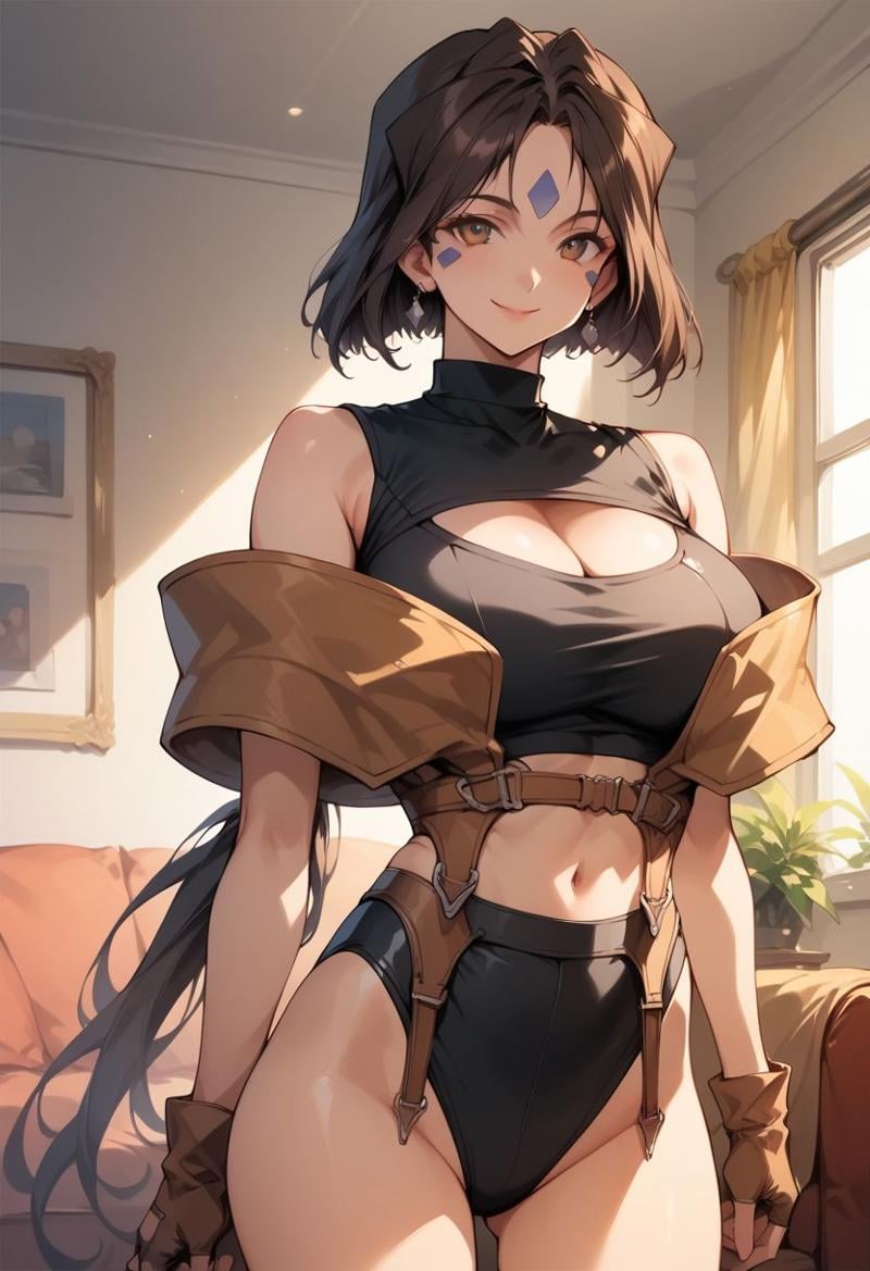 score_9, score_8_up, score_7_up, score_6_up, masterpiece, ultra detailed, best quality, source_anime, Expressiveh, BREAK, Peorth, bob cut with low ponytail, 1girl, smile, large breasts, black crop top, black short shorts, brown boots, clothing cutout, brown fingerless gloves, living room, day, shiny clothes, portrait,(detailed face, detailed eyes)