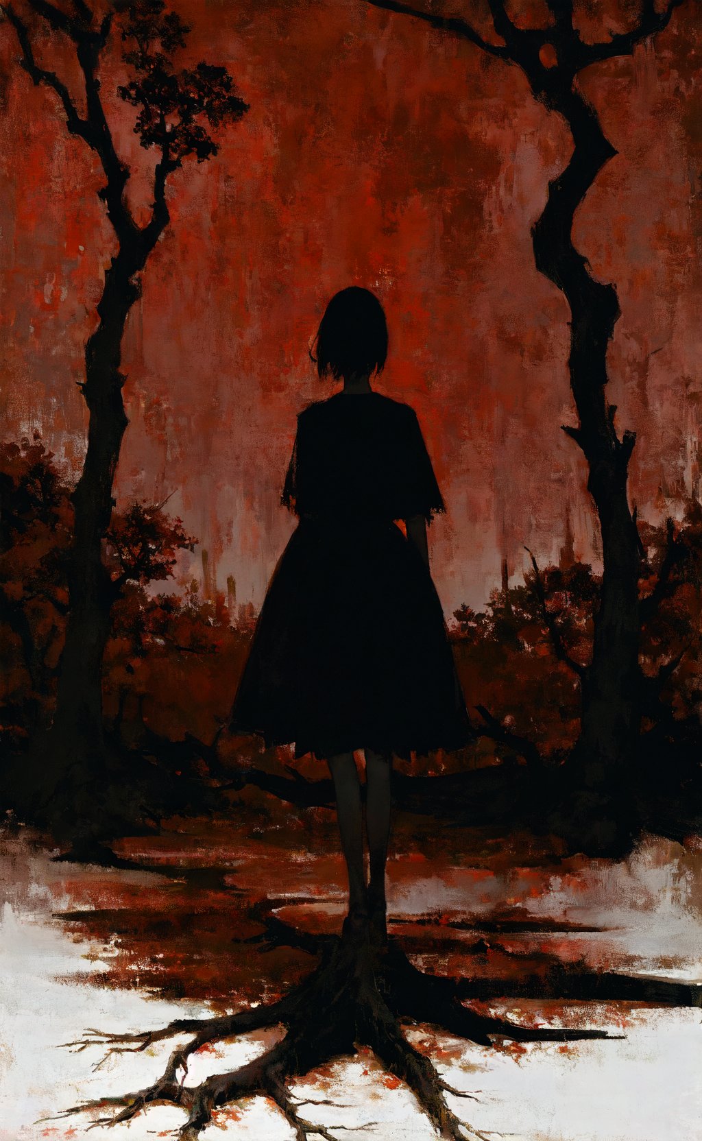 masterpiece, best quality, girl standing under the dead tree, black and red palette, eerie