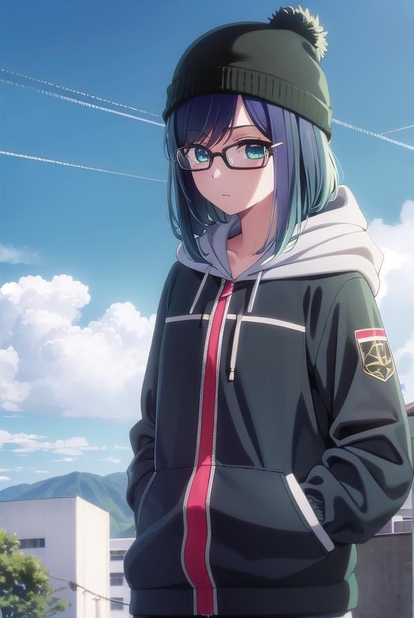 akanekurokawa, <lora:akane kurokawa s1-lora-nochekaiser:1>,akane kurokawa, bangs, (green eyes:1.3), blue hair, medium hair, dark blue hair,BREAK long sleeves, hat, jacket, glasses, hood, black jacket, black headwear, hoodie, hood down, red-framed eyewear, beanie,BREAK outdoors, city, sun, sky, clouds,BREAK looking at viewer, (cowboy shot:1.5),BREAK <lyco:GoodHands-beta2:1>, (masterpiece:1.2), best quality, high resolution, unity 8k wallpaper, (illustration:0.8), (beautiful detailed eyes:1.6), extremely detailed face, perfect lighting, extremely detailed CG, (perfect hands, perfect anatomy),