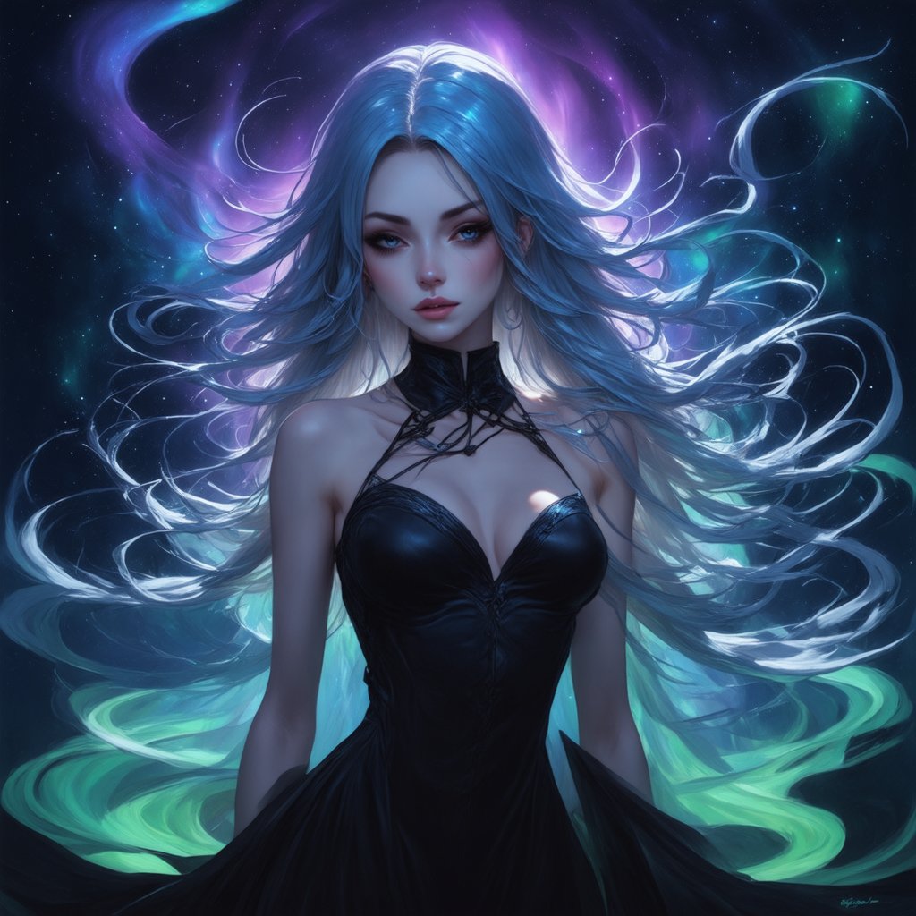 a female character with long, flowing hair that appears to be made of ethereal, swirling patterns resembling the Northern Lights or Aurora Borealis. The background is dominated by deep blues and purples, creating a mysterious and dramatic atmosphere. The character's face is serene, with pale skin and striking features. She wears a dark-colored outfit with subtle patterns. The overall style of the artwork is reminiscent of fantasy or supernatural genres