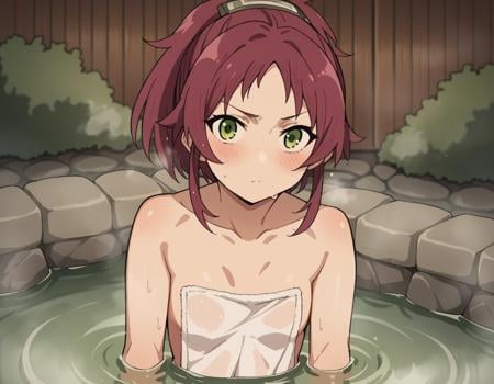 score_9, score_8_up, score_7_up, source_anime,aishagreyrat, <lora:aisha-greyrat-s2-ponyxl-lora-nochekaiser:1>,aisha greyrat, green eyes, ponytail, red hair,nude, naked, small breasts,outdoors, onsen, towel, naked towel, steam, bathing, nude cover, partially submerged, water, bath, steam censor, wet towel, blush,solo, dutch angle, looking at viewer, cowboy shot,