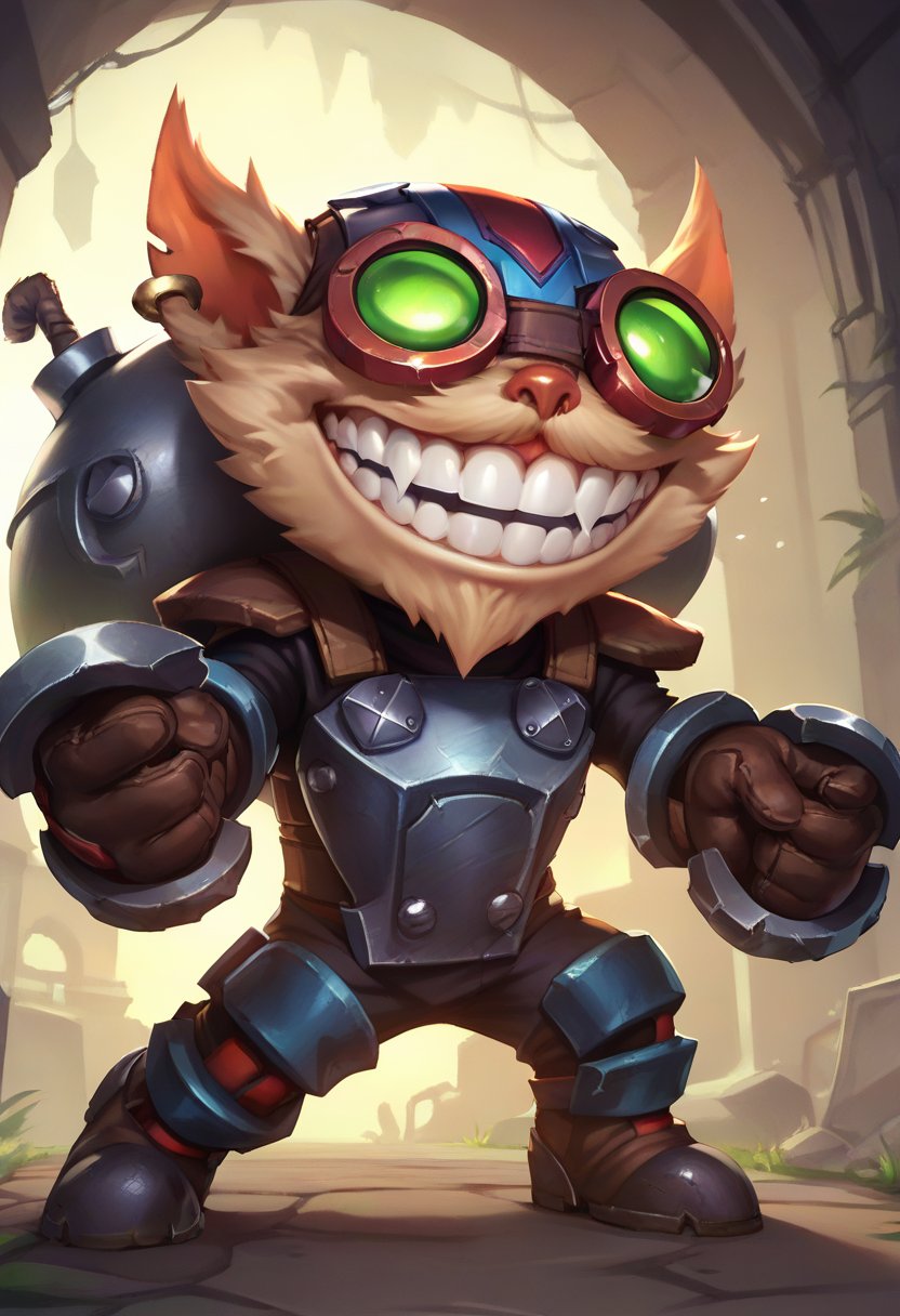 ,score_9, score_8_up, score_7_up, score_6_up,z1ggs, 1boy, male focus, yordle, teeth, grin,armor, goggles, helmet, gloves, brown gloves,  <lora:Ziggs_Default_v1:0.9>