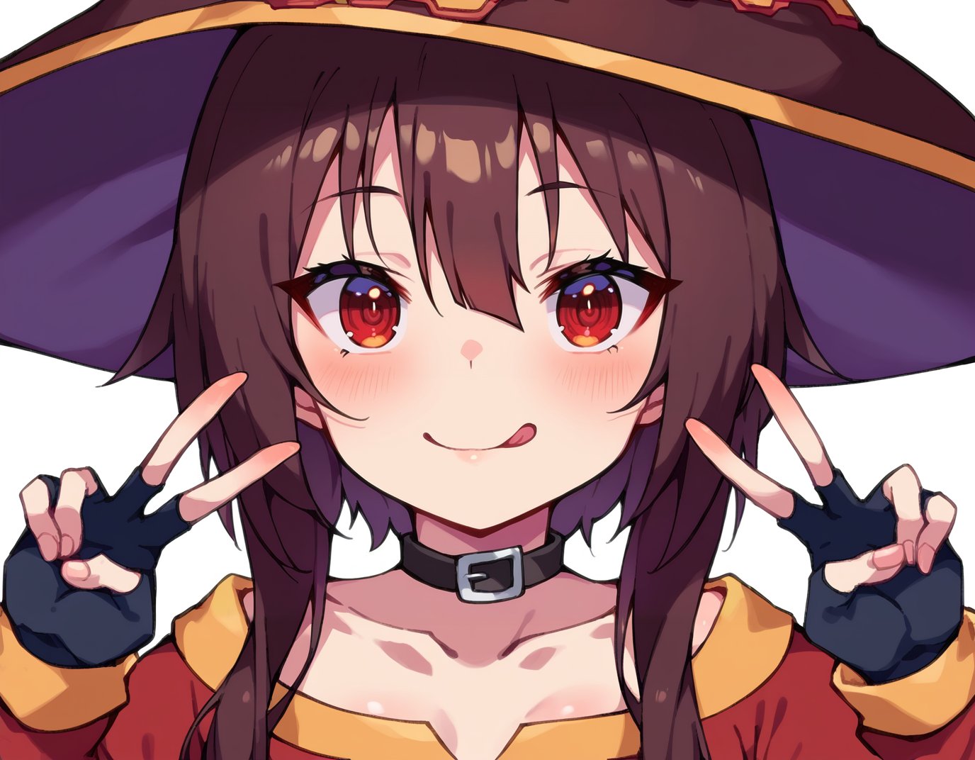 score_9, score_8_up, score_7_up, score_6_up, source anime, BREAK<lora:konosuba_megumin:0.8> nimugempnxl, megumin, 1girl, solo, short hair with long locks, small breasts, upper body,tongue out, fingerless gloves, witch hat, looking at viewer, black choker, collarbone, :p, blush, smile, double v, hair between eyes, hands up, v