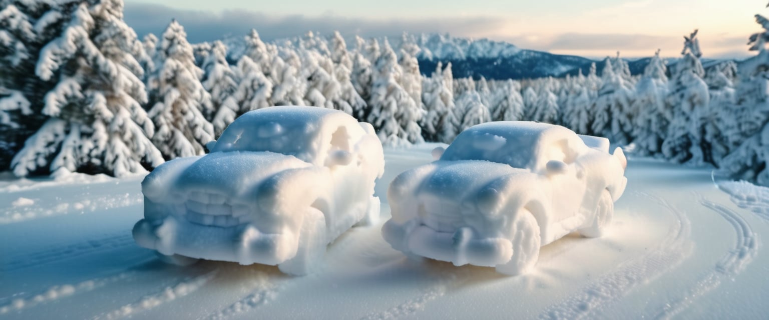 <lora:Aether_Snow_v1_SDXL_LoRA:1> a car made of snow, driving in the mountains, birds eye view, cinematic