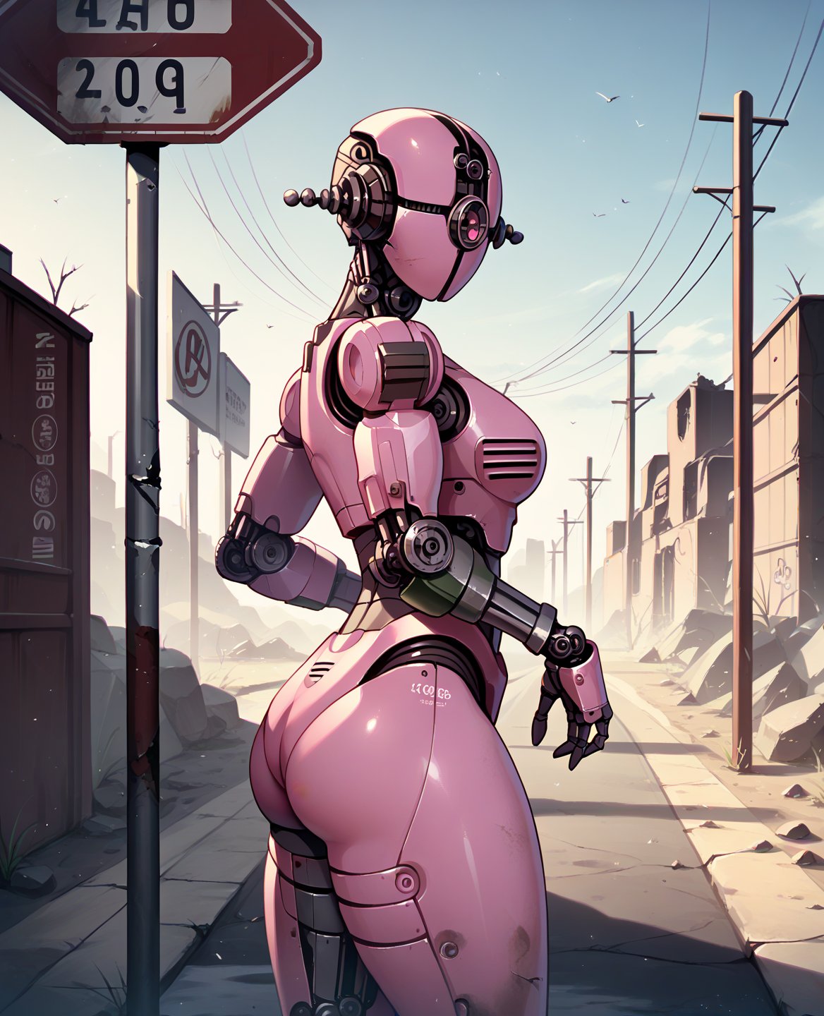 score_9, score_8_up, score_7_up, score_6_up, score_5_up, score_4_up, kishibe, assaultron, fallout, 1girl, solo, breasts, looking at viewer, robot, humanoid robot, robot joints, joints, mechanical arms, crotch plate, science fiction, detailed background, skimpy armor, breastplate, chestplate, (pink armor, pink body:1.2), cute expression, looking at viewer, outside, side view, presenting, pose, butt, outside, road, road sign, post-apocalyptic, ruins<lora:assaultron_pdxl_:0.8>  <lora:Kishibev2:1>