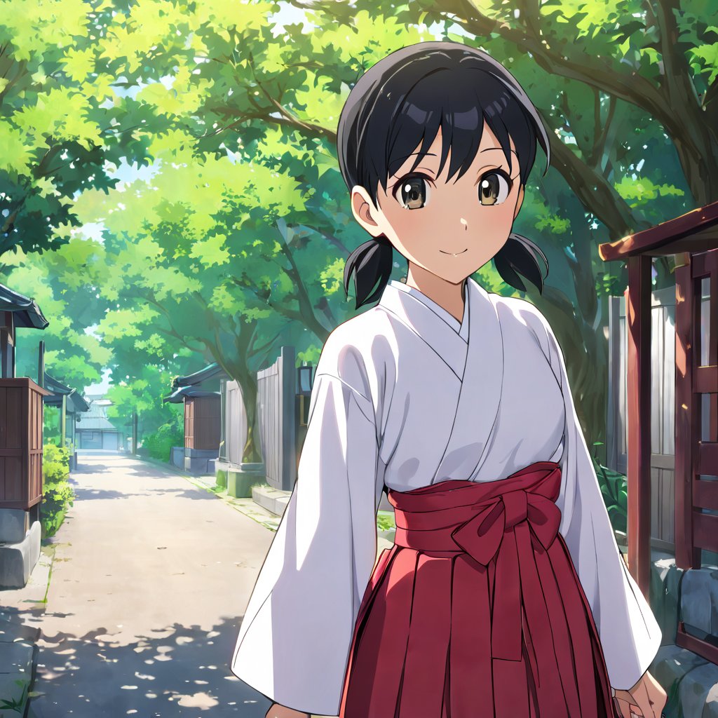 minamoto shizuka,1girl, solo, japanese clothes, black hair,miko, black eyes, smile, twintails, outdoors, hakama, looking at viewer, skirt, short hair, day, short twintails, hakama skirt, tree, red hakama, long sleeves,masterpiece, perfect face, best quality, beautiful eyes, shiny eyes, anime coloring, anime screencap, absurdres, award winning,<lora:cr9es5le878c73e65k3g:0.8>