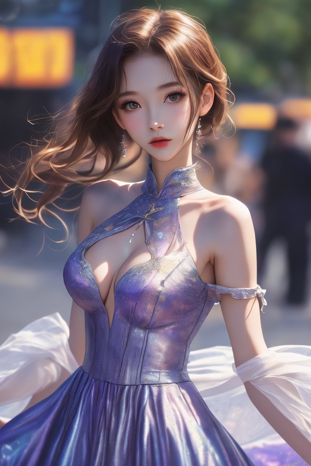 caihong,1girl,solo,dress,upper body,looking at viewer,breasts,blurry background,bare shoulders,<lora:caihong1.5:0.8>,