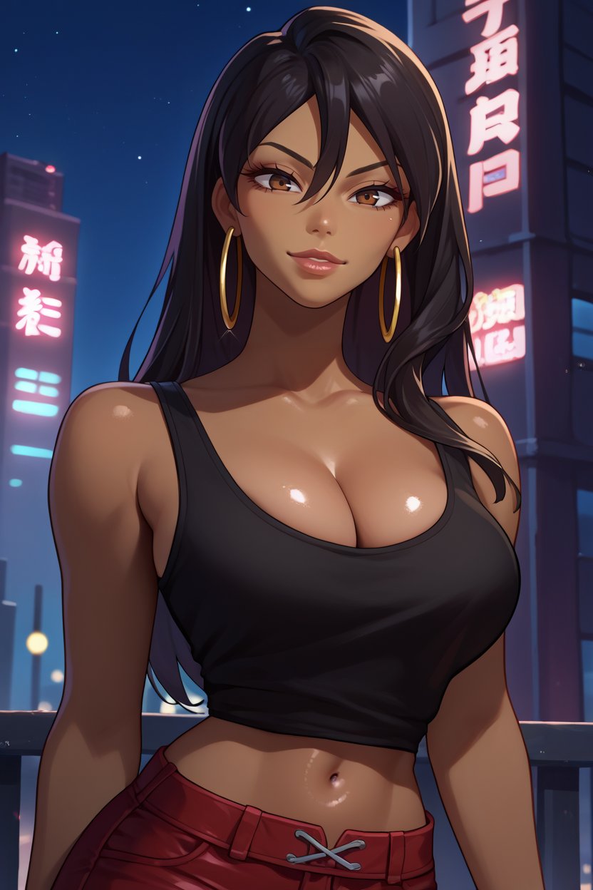 score_9, score_8_up, score_7_up, score_6_up, source_anime, 1girl, solo  <lora:michiko-pdxl-nvwls-v1-000005:1> michiko, black hair, long hair, brown eyes, dark-skinned female, lips, hoop earrings, black tank top, cleavage, big breasts, red shorts, upper body, looking at you, city, night sky, night, seductive smile, navel, shiny skin