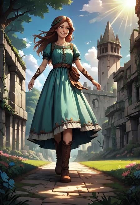 (embedding:zPDXL3) (embedding:zPDXLpg) feet out of frame, (close-up, portrait:1.3), dappled sunlight, woman, long hair, park, walking, action, smiling, wearing a long teal decorative dress, boots, morning sunlight, stone ruins, archway, cloudy sky, vines, ivy, flowers