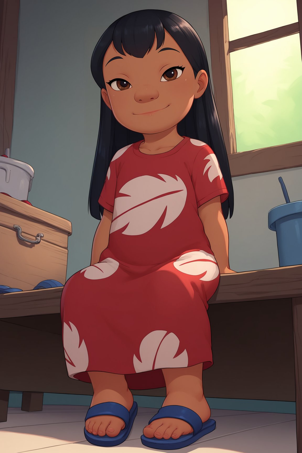 score_9, score_8_up, score_7_up, score_6_up, BREAK, LiloLSXL, child, dark skin, brown eyes, black hair, long hair, bangs, flat chest, red dress, short sleeves, blue sandals, solo, full body, sitting, sandals focus, feet close up, bellow view, seductive smile, looking at viewer, indoors <lora:LiloLSXL:0.8>