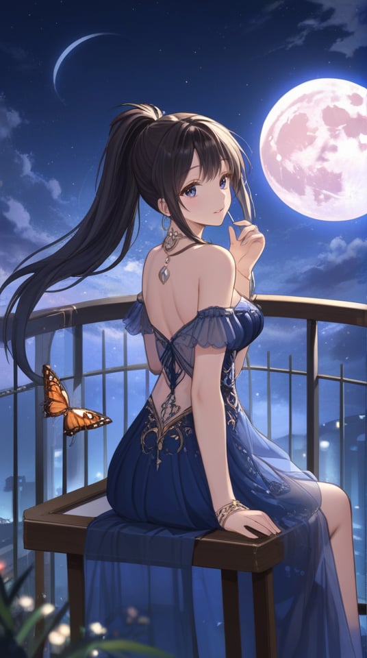 (best quality), ((masterpiece)), (highres), illustration, original, extremely detailed,   <lora:恩佩西斯的闪光:0.7>1girl, solo, long hair, butterfly, bug, dress, moon, railing, sky, ponytail, bare shoulders, sitting, see-through, black hair, night, crescent moon, skirt, looking to the side