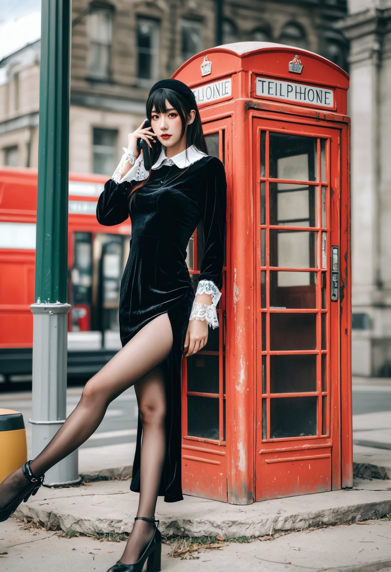 Cosplay, a woman in a black velvet dress with lace cuffs and collar, thigh-high slit, black stockings, and heels, leaning against a weathered, red phone booth, soft natural light, relaxed pose, slightly tilted head, serene expression, outdoor setting, vibrant colors, vintage aesthetic.