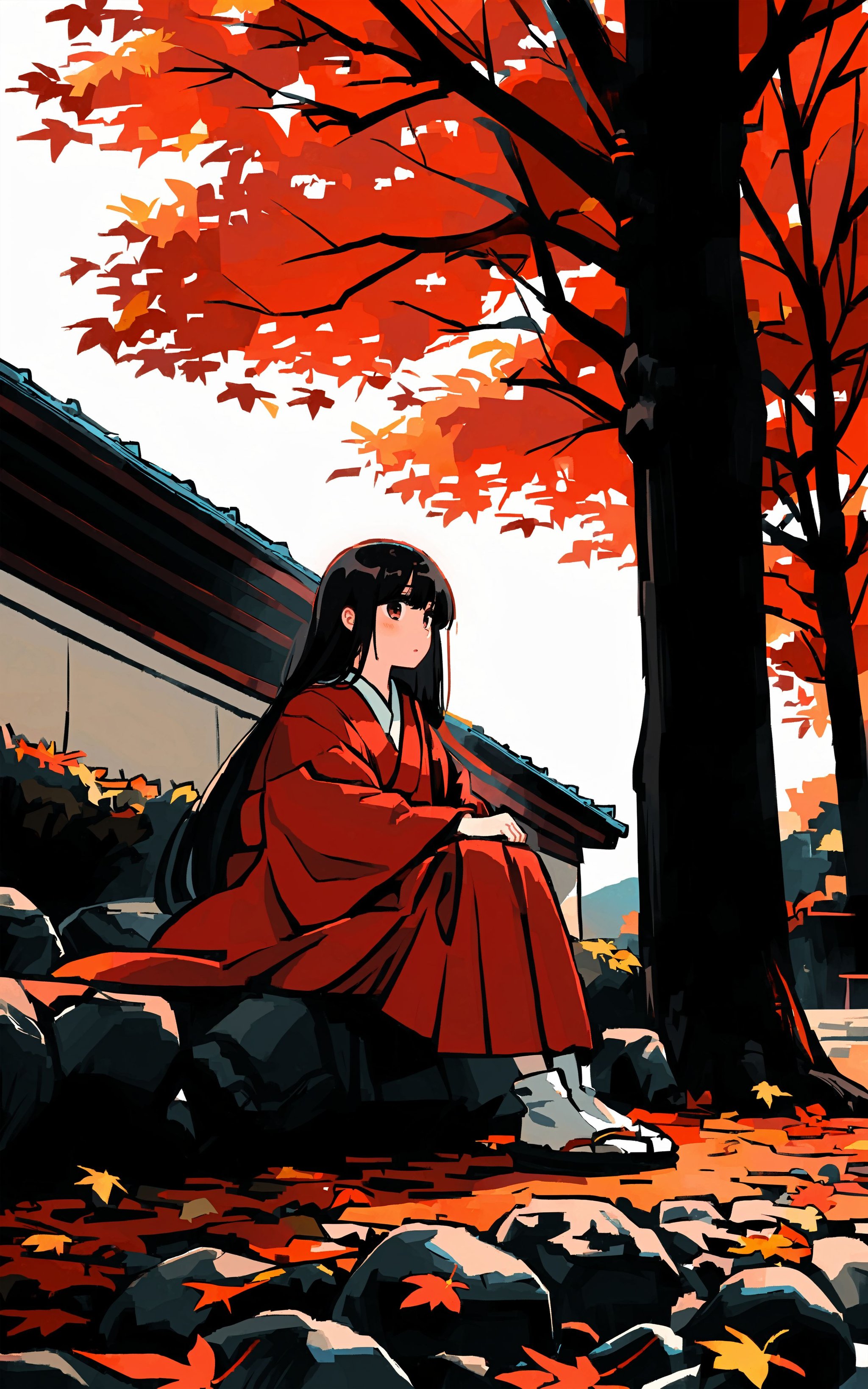 1girl, solo, tree, sitting, outdoors, long hair, japanese clothes, red theme, kimono, autumn leaves, black hair, nature    <lora:XLTEST 10:0.75>