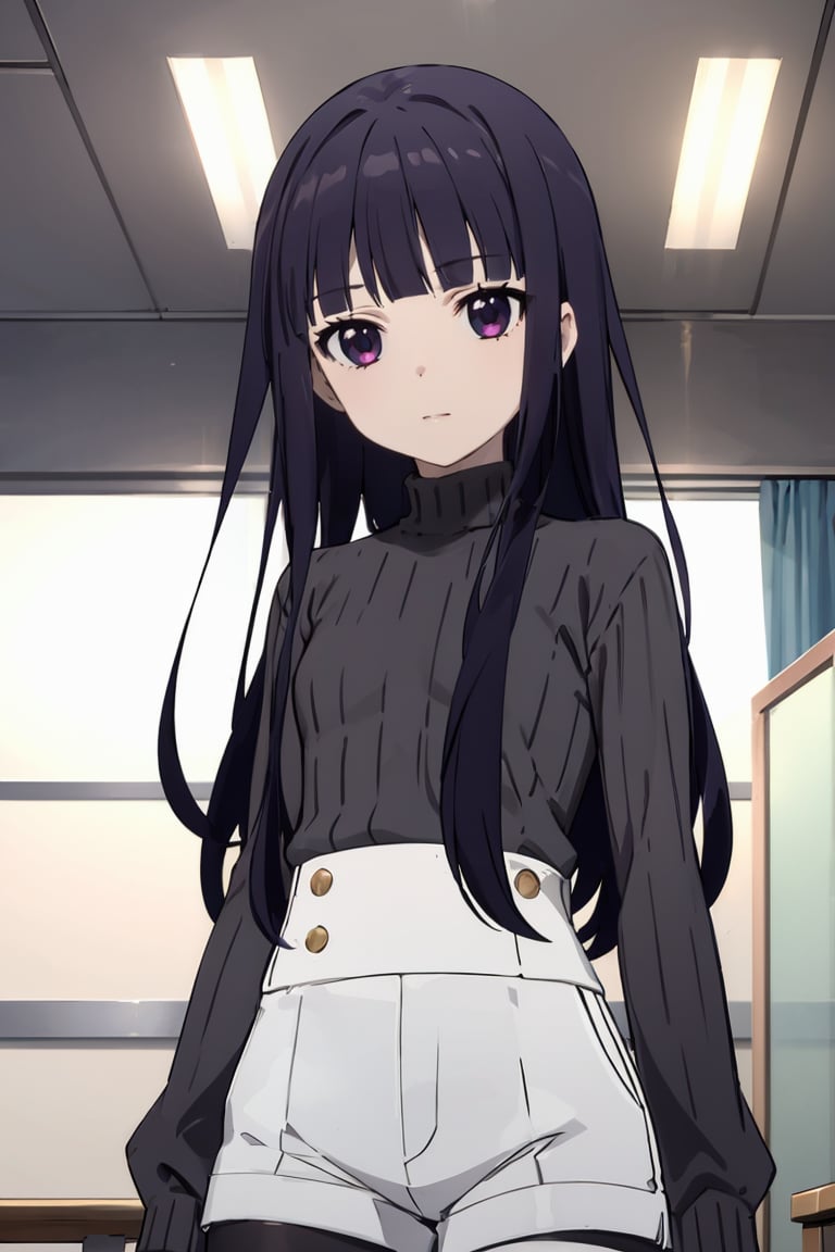 masterpiece, best quality, ultra-detailed, glistening shiny, glowing light, ray tracing, HDR, deph of field, (perfect face, detailed face),  <lora:ShirakiinRirichiyo:0.7>, ririchiyo, black hair, long hair, flat chest, black sweater, turtleneck, white shorts, black pantyhose,  standing