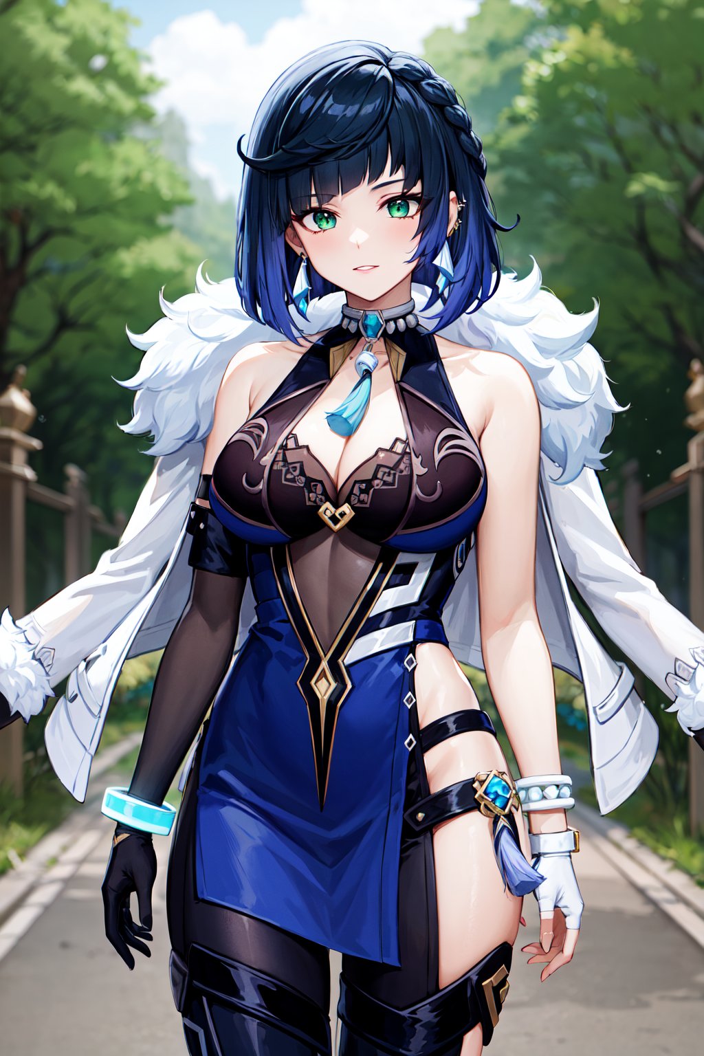 masterpiece, best quality, highres, aayelan, short hair, bob cut, braid, green eyes, earrings, neck tassel, jacket on shoulders, fur-trimmed jacket, white jacket, cleavage, blue dress, sleeveless, bracelet, asymmetrical gloves, fingerless gloves, elbow gloves, pelvic curtain, <lora:yelan_v1:0.7>, walking, cowboy shot, 