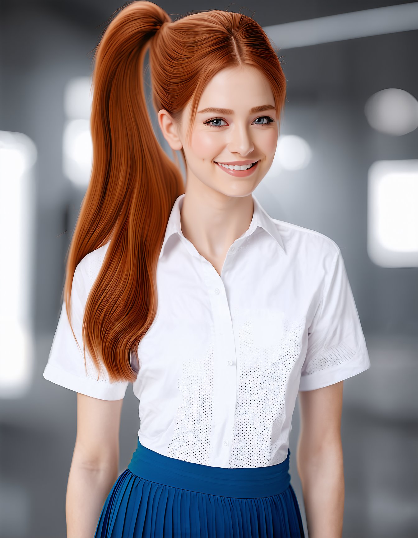 best quality,4k,8k,highres,masterpiece,ultra-detailed, woman, long hair, looking at viewer, smile, shirt, skirt, brown hair, closed mouth, white shirt, upper body, ponytail, short sleeves, orange hair, blurry, blue skirt, see-through, lips, blurry background, realistic, photo background, photorealistic, SD3_cartoon_ep10.safetensors